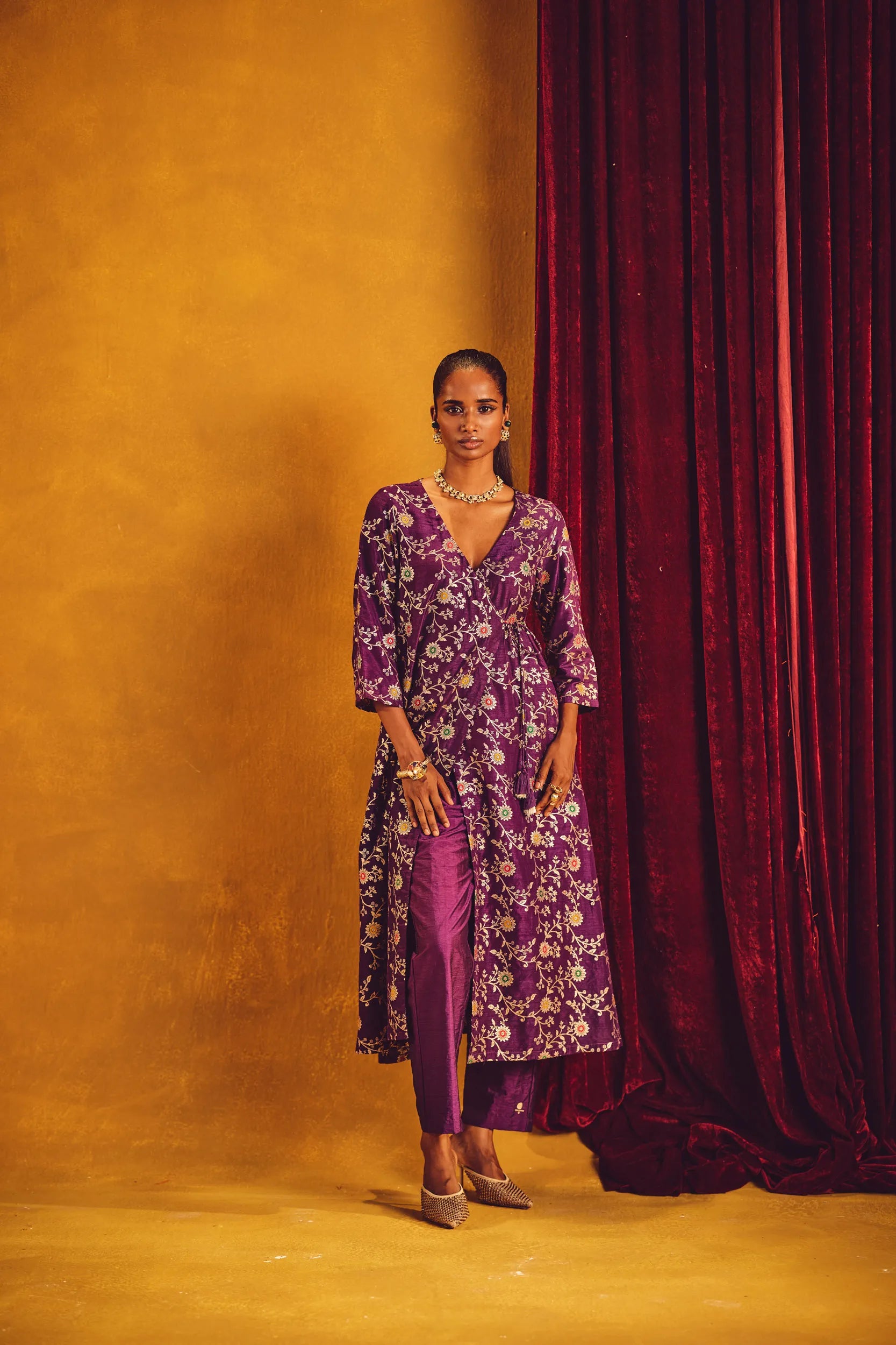 trueBrowns Purple Brocade Angrakha Kurta Set