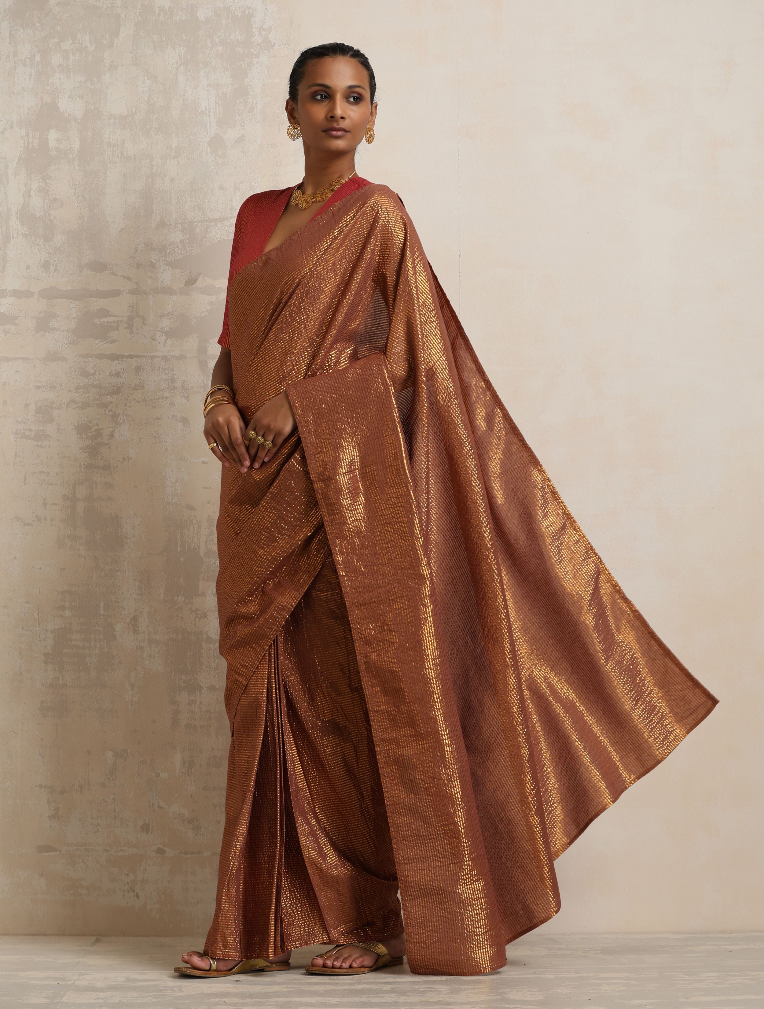 trueBrowns Brown Gold Lurex Ready To Wear Saree