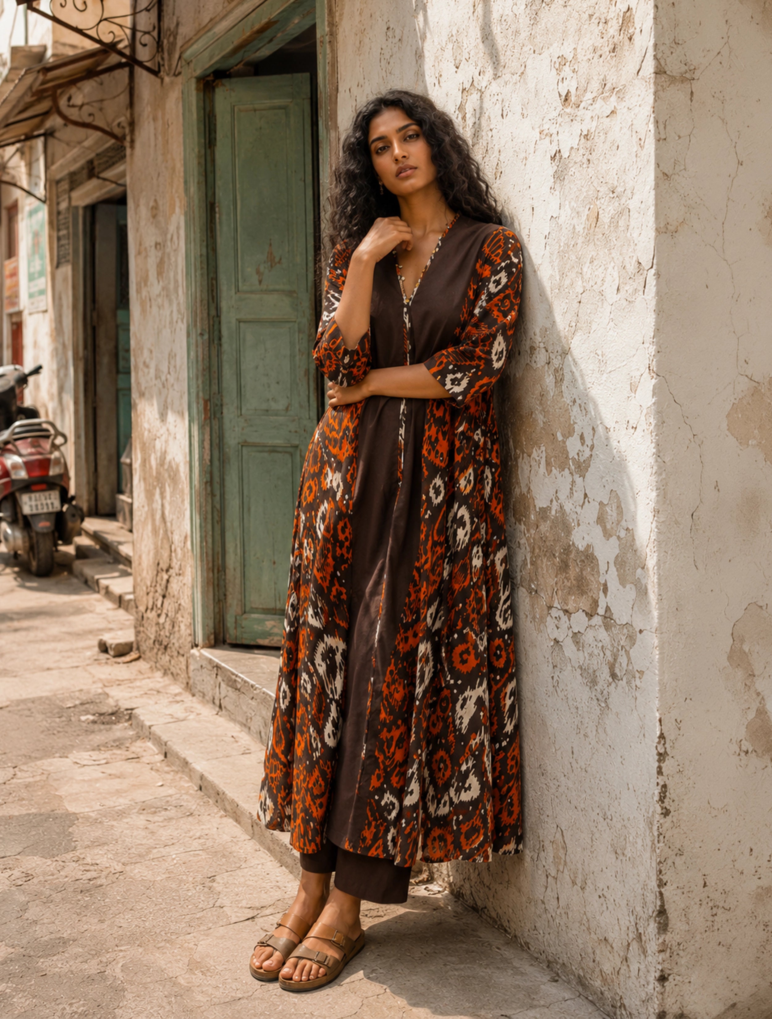 trueBrowns Cola Orange Ikat Print Cotton Kaftan Kurta Set