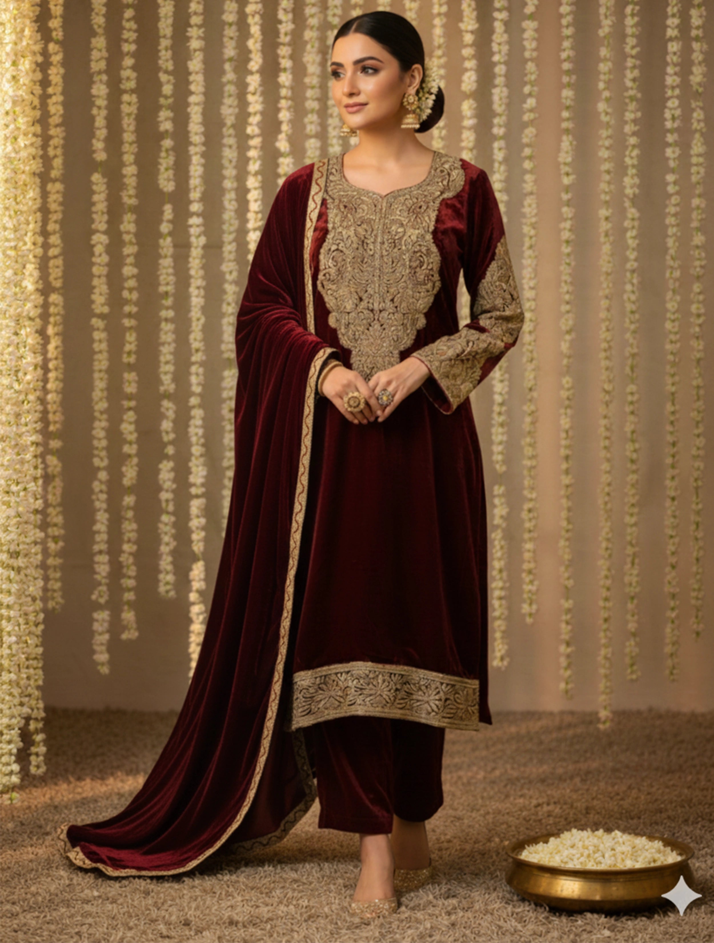 trueBrowns Maroon Velvet Embroidered Chogha Pants Dupatta Set