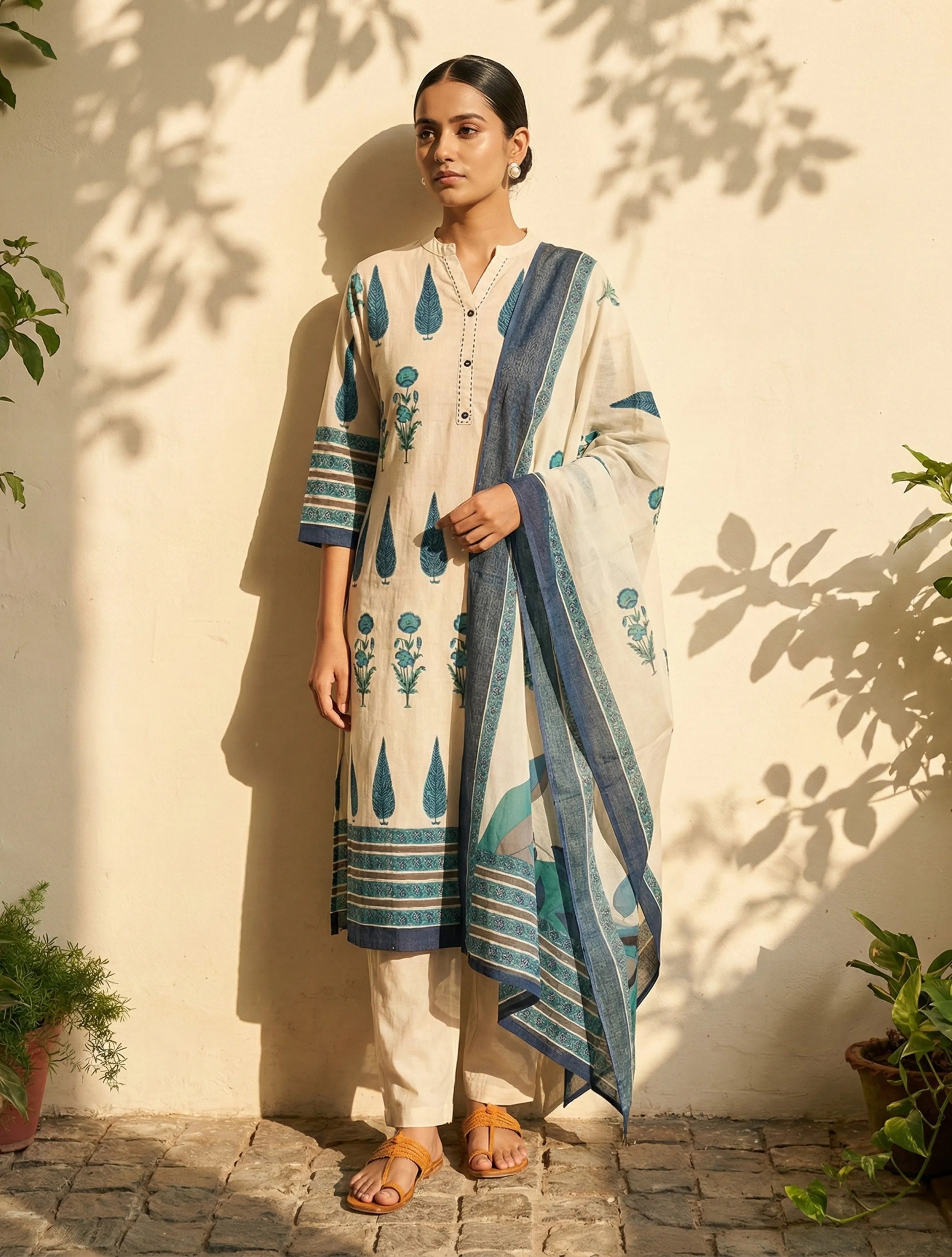 trueBrowns Ivory Blue Printed Kurta Pant Dupatta Set