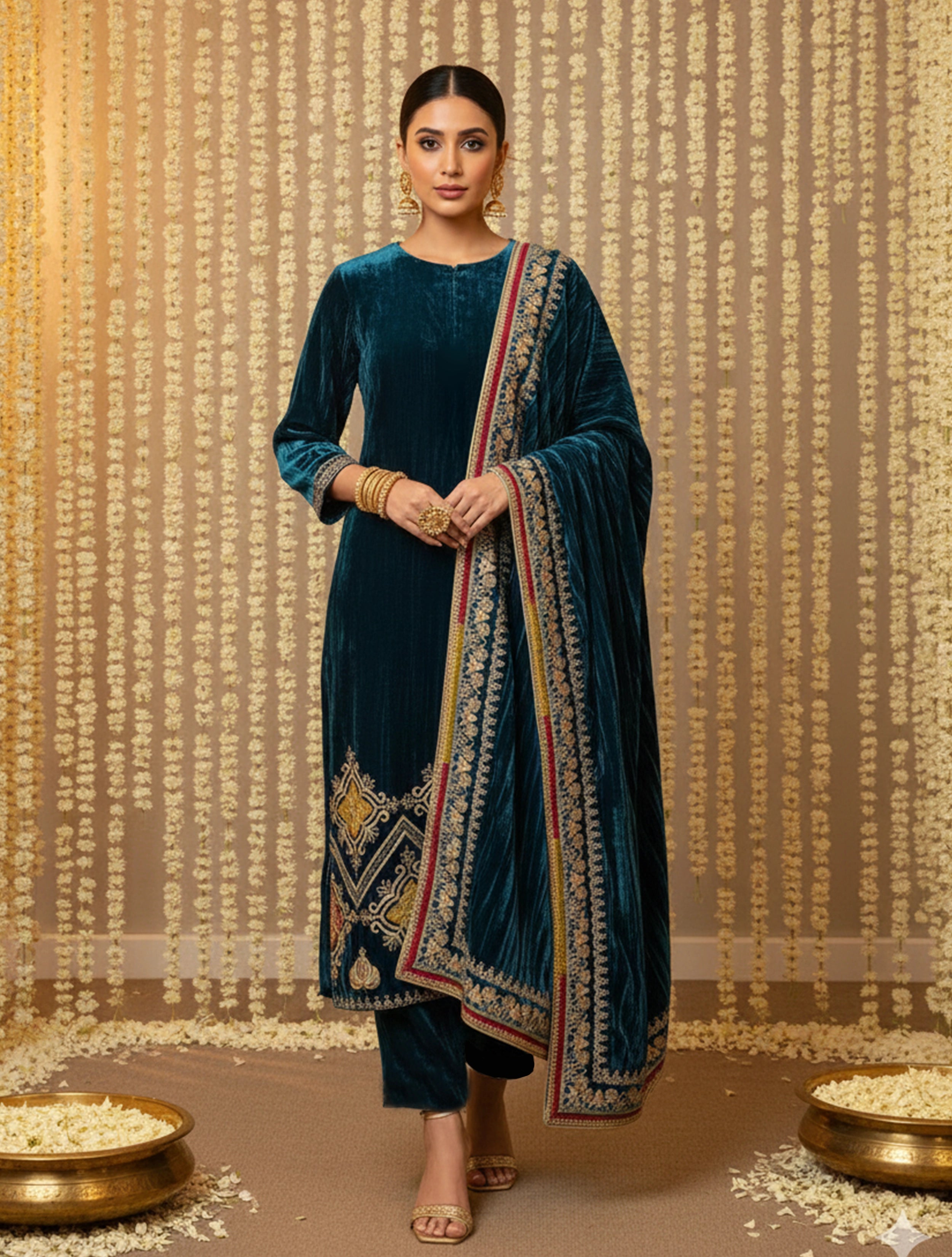 trueBrowns Blue Crinkled Velvet Embroidered Kurta Pants Dupatta Set