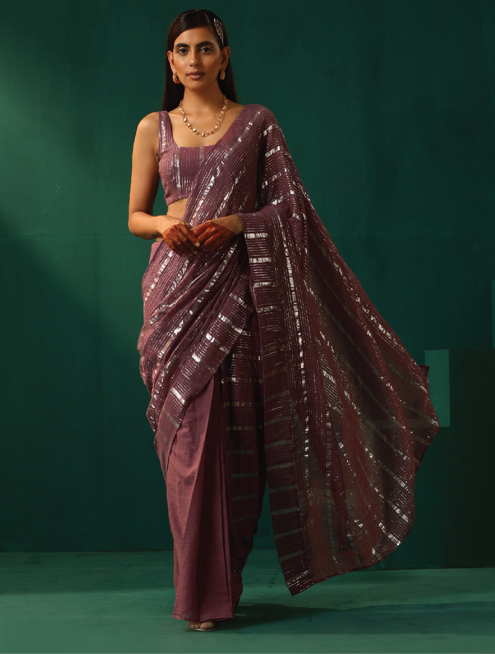 trueBrowns Mauve Cotton Silver Striped Ready to Wear Saree