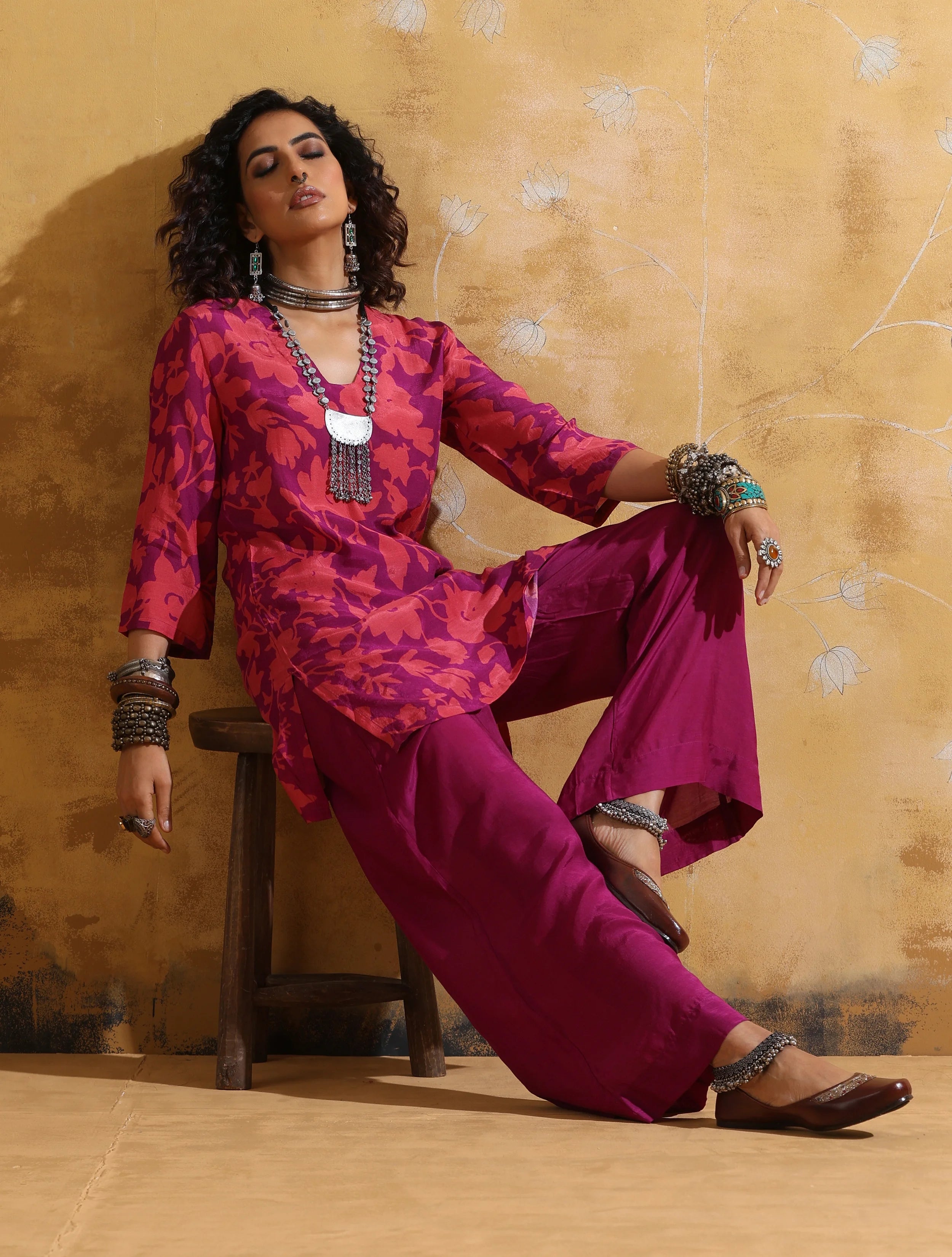 trueBrowns Purple Peach Jaal Print Muslin Silk Flared Pants Co-ord Set