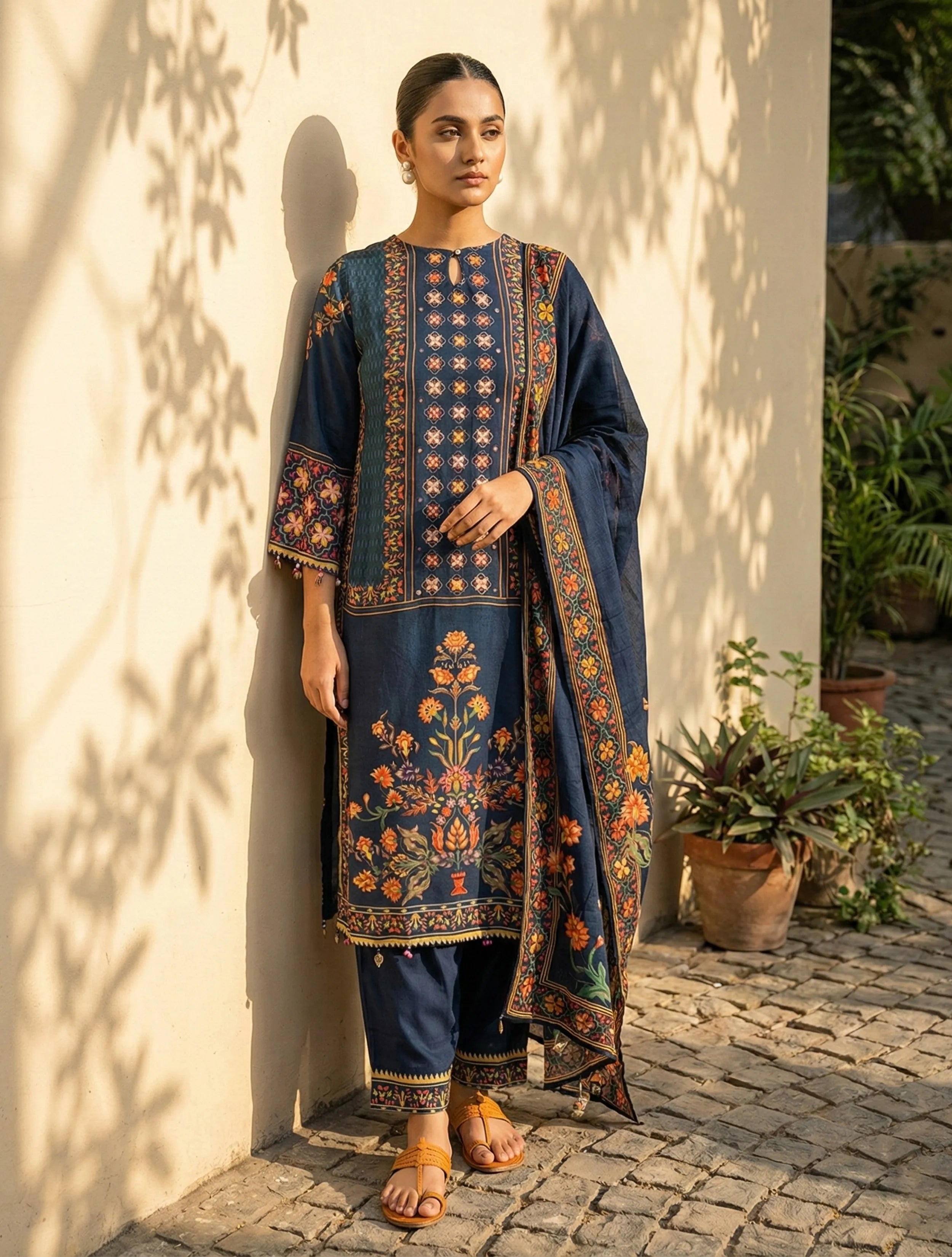 trueBrowns Blue Print Embroidered Straight Kurta Pant Dupatta Set