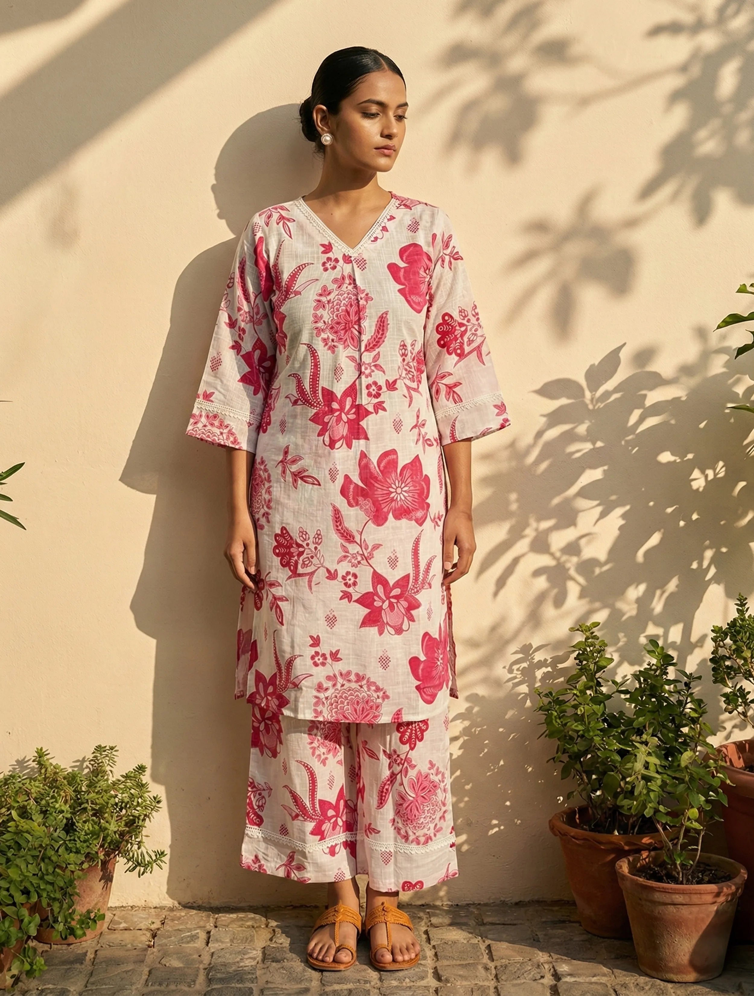 trueBrowns White Pink Floral Print Kurta Pant Set