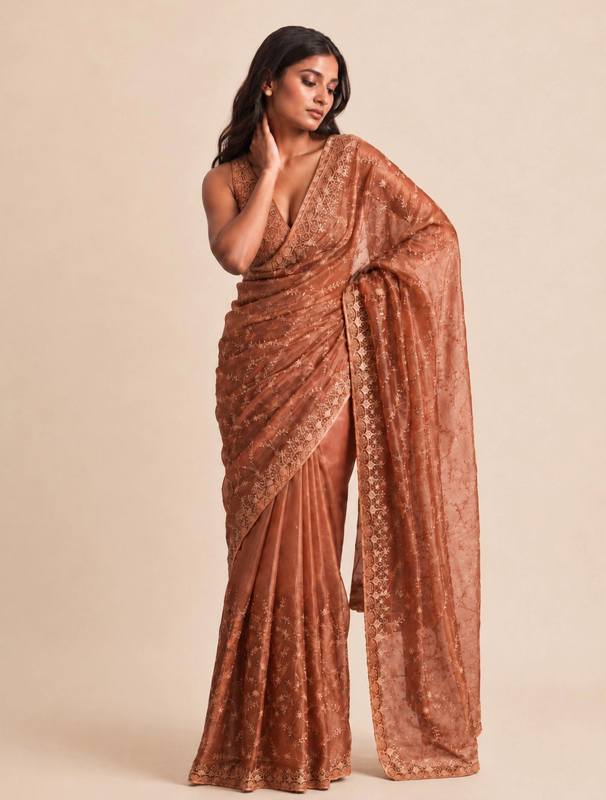 trueBrowns Brown Gold Embroidered Net Saree With Unstitched Blouse