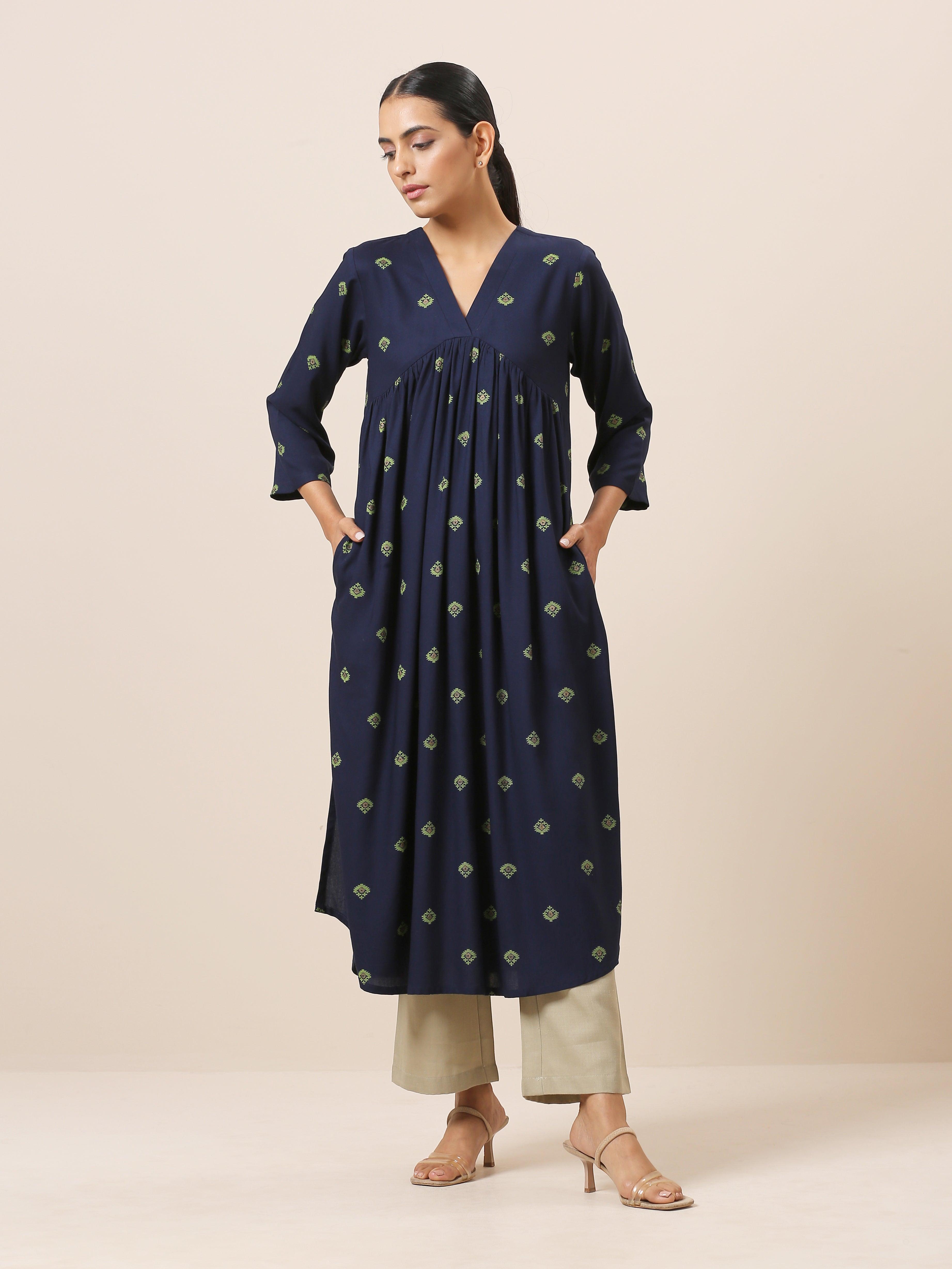 Cotton Blue Printed Slit Kurta Pant Set - trueBrowns