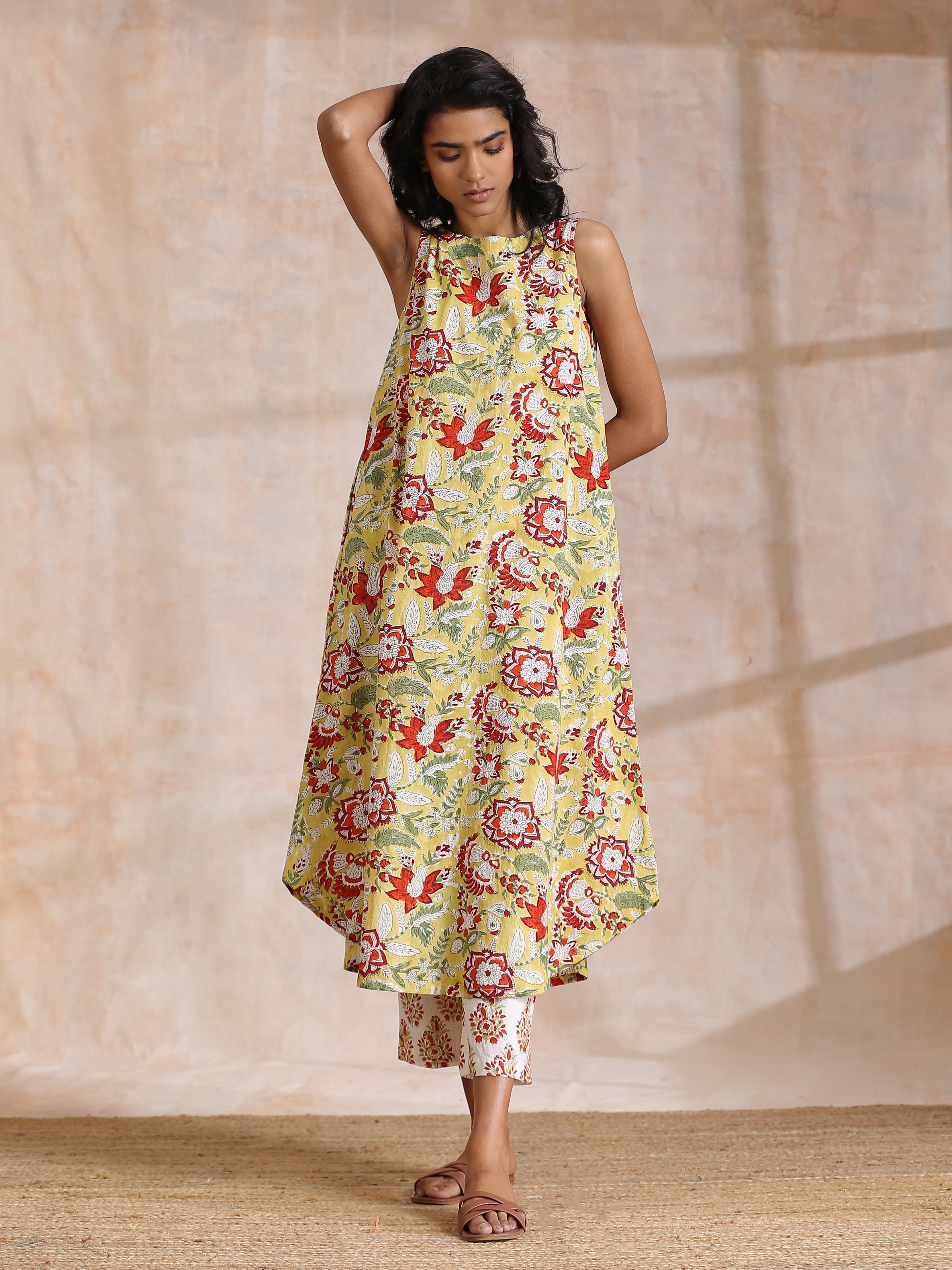 Yellow Overall Floral Block Print Cotton Sleeveless Kurta Pant Set