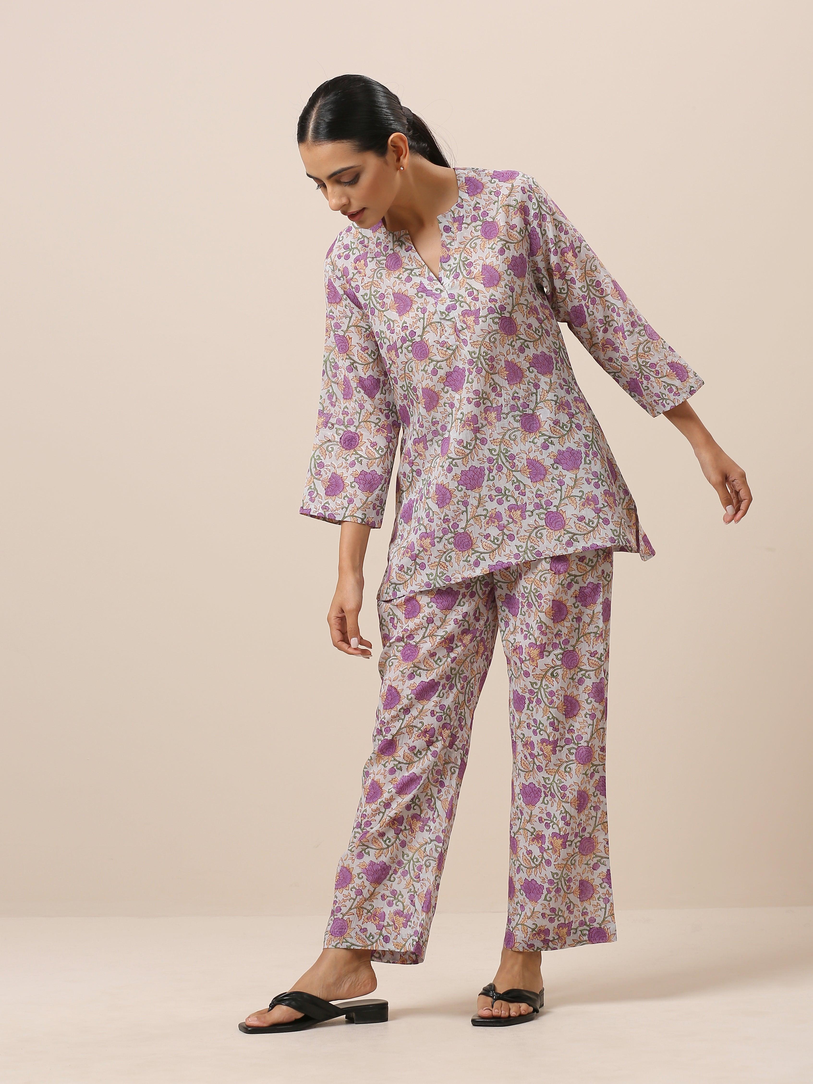 Cotton Hand Block Printed Purple Co-Ord Set - trueBrowns