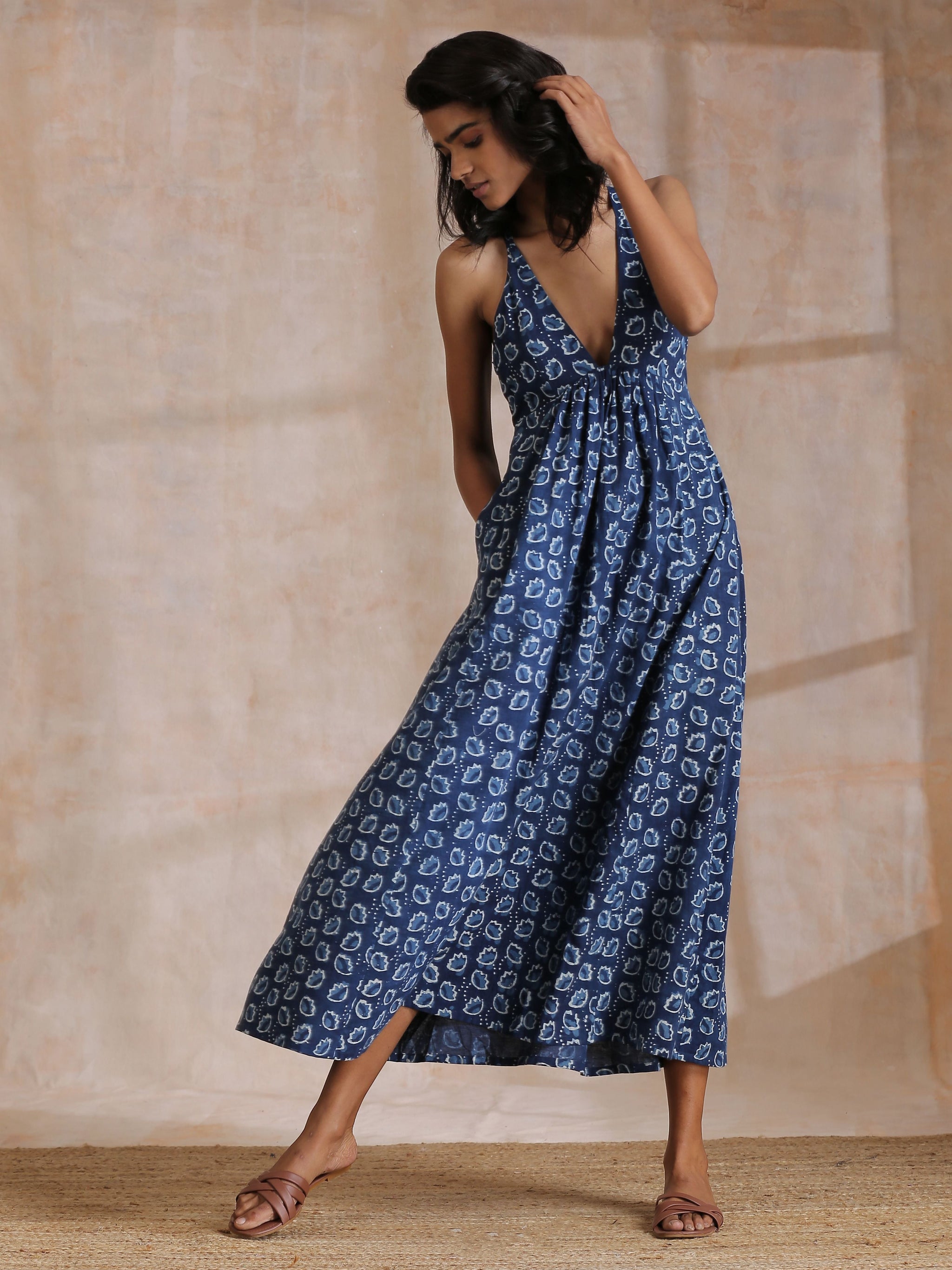 Indigo Dabu Floral Print Cotton Sleeveless Dress Indigo Dabu Floral Print Cotton Sleeveless Dress