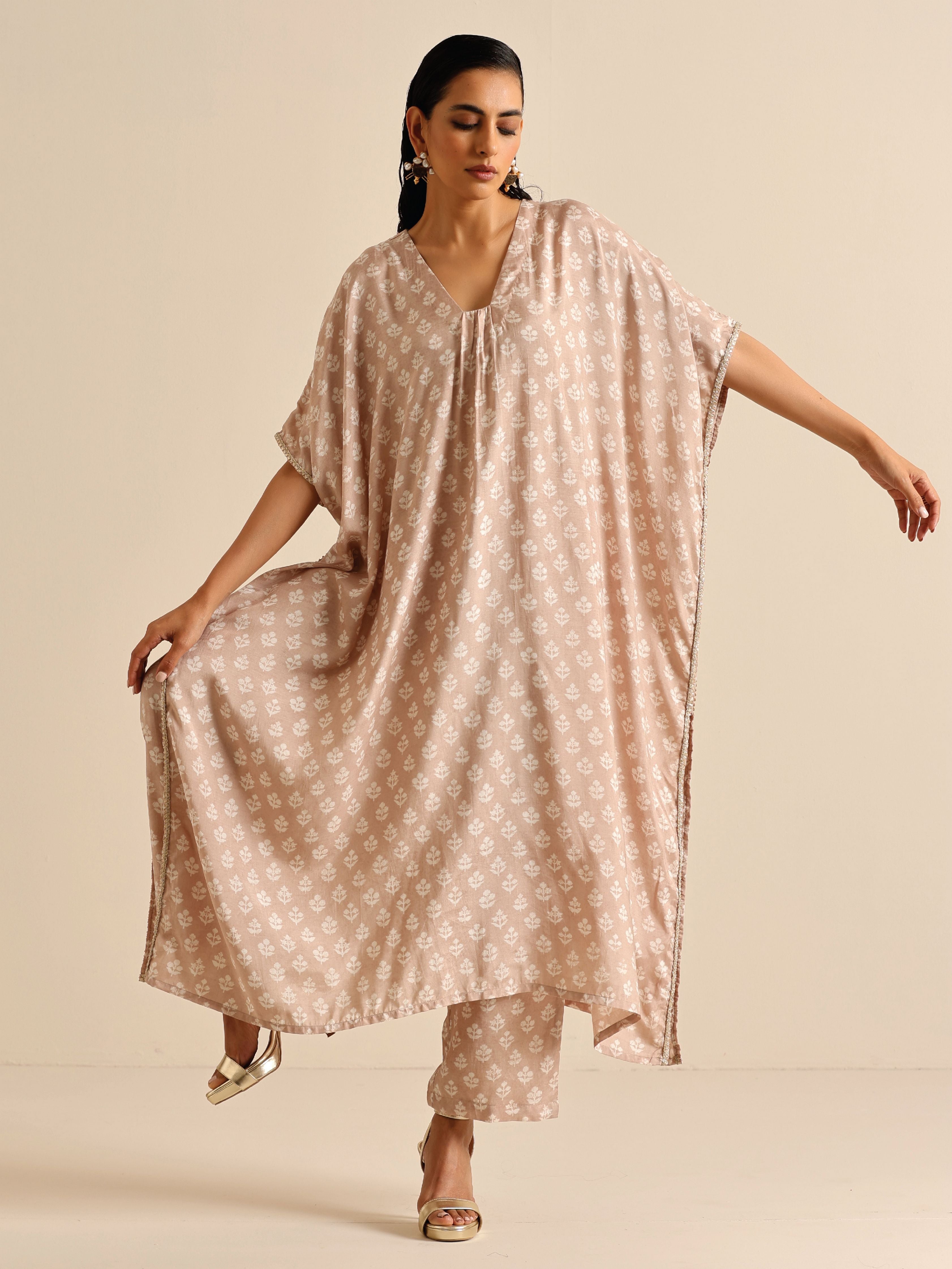 Beige White Floral Silk Print Kaftan Pant Set