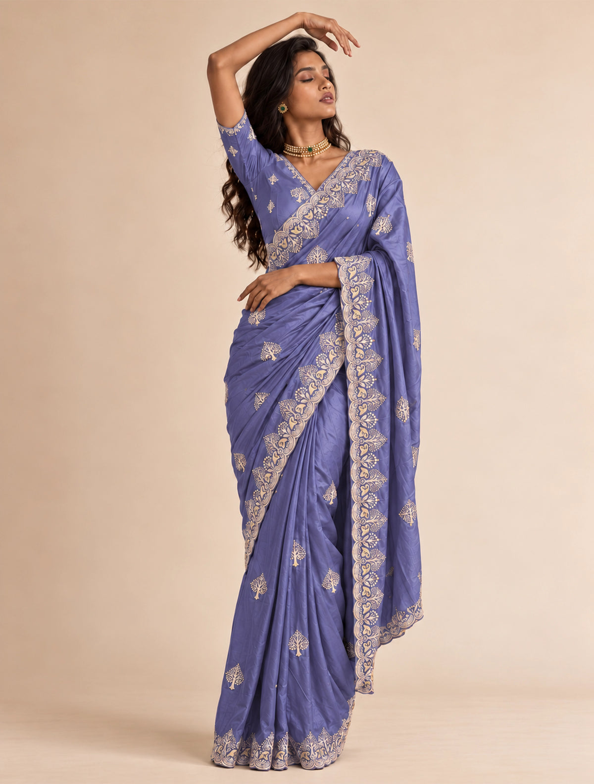 trueBrowns Purple Paan Embroidered Silk Blend Saree With Unstitched Blouse