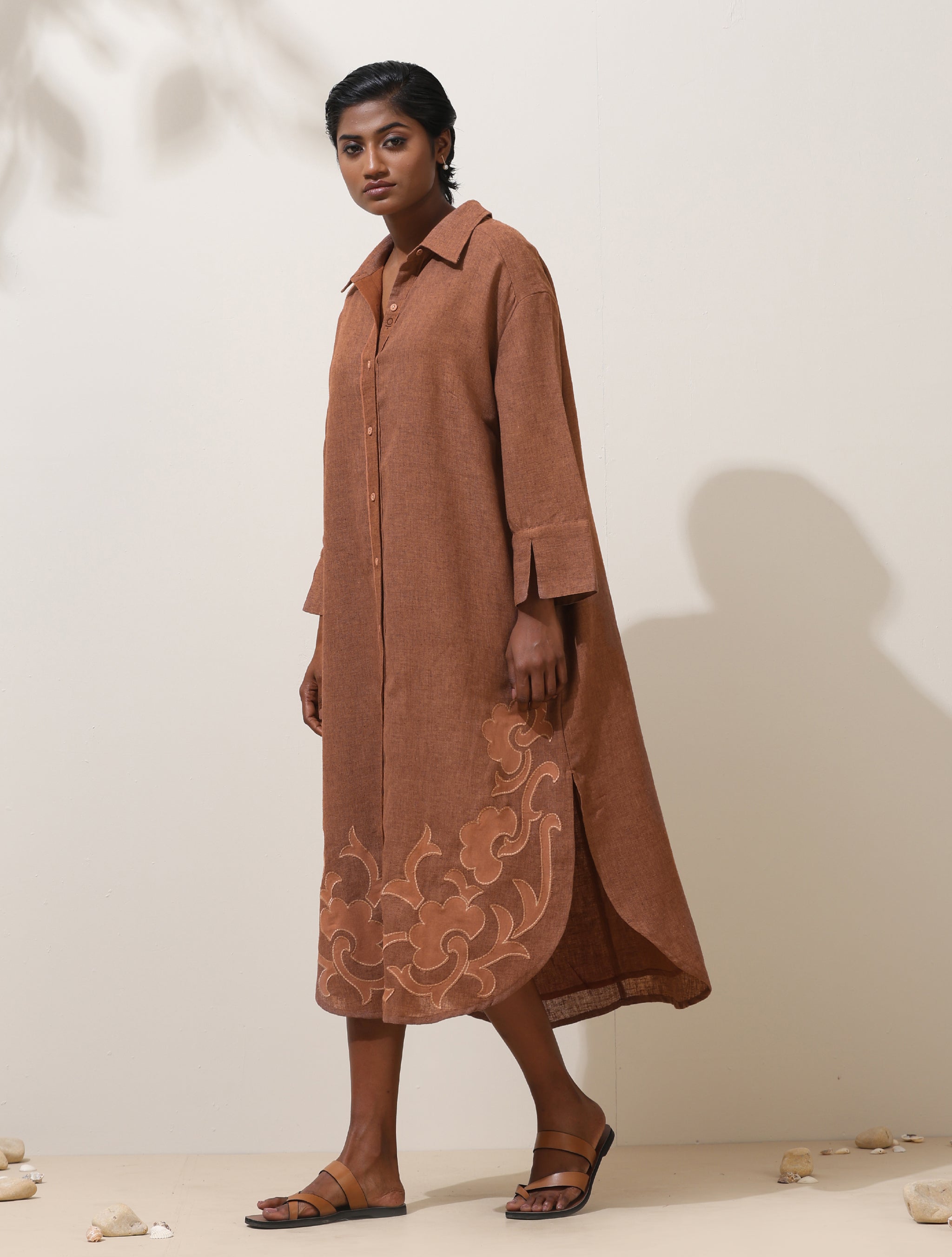 trueBrowns Sierra Brown Embroidered Natural Cotton Dress