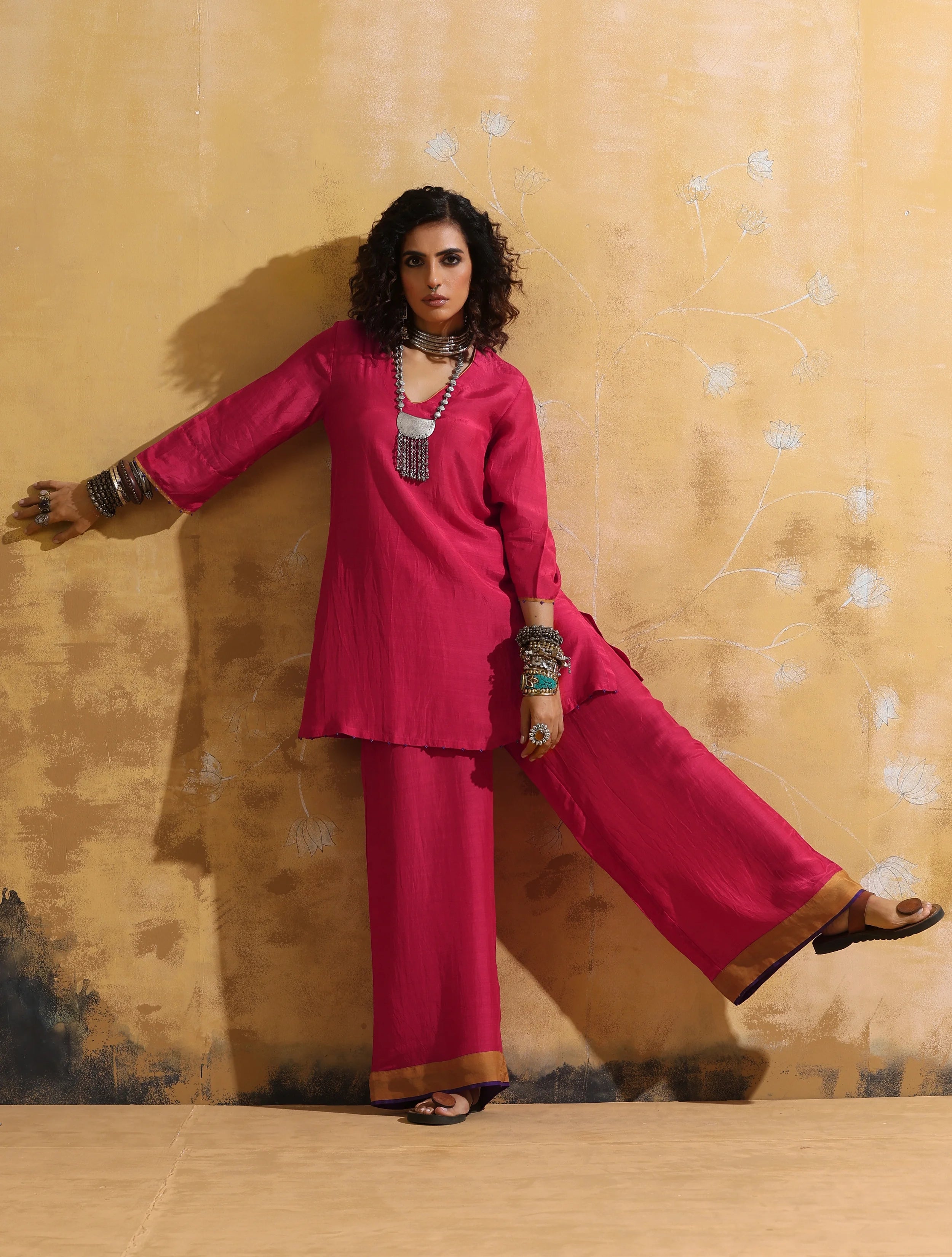 trueBrowns Pink Muslin Silk Co-ord Set with Flared Pants