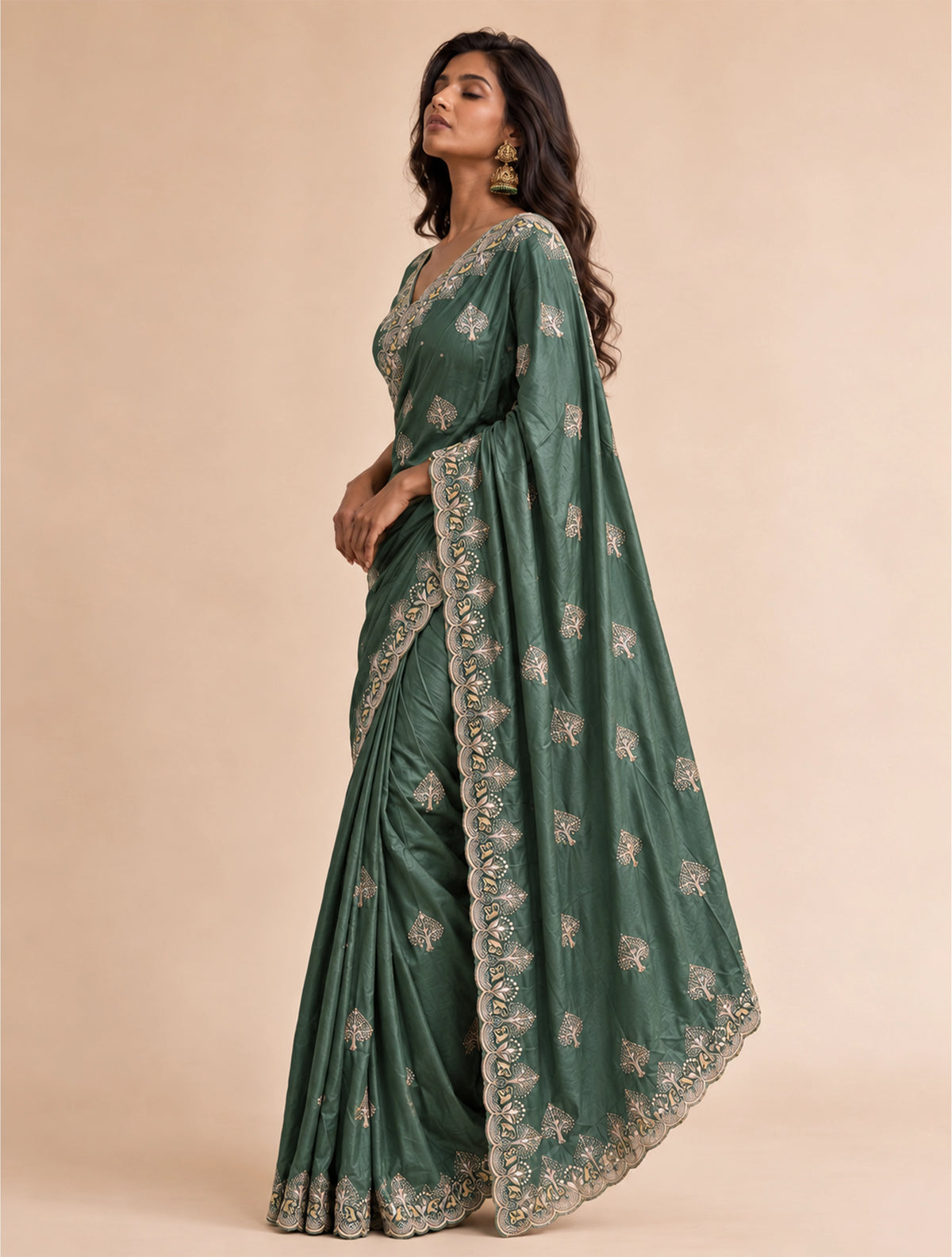 trueBrowns Olive Grey Paan Embroidered Silk Blend Saree With Unstitched Blouse