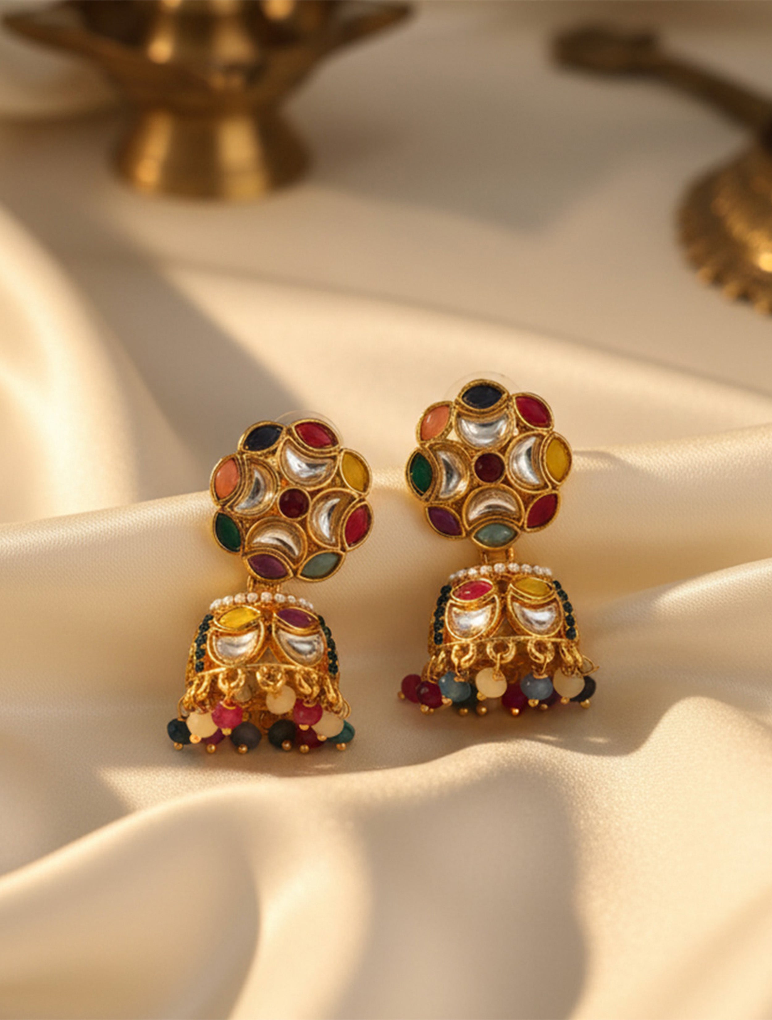 trueBrowns Red Green Stone Kundan Jhumkas