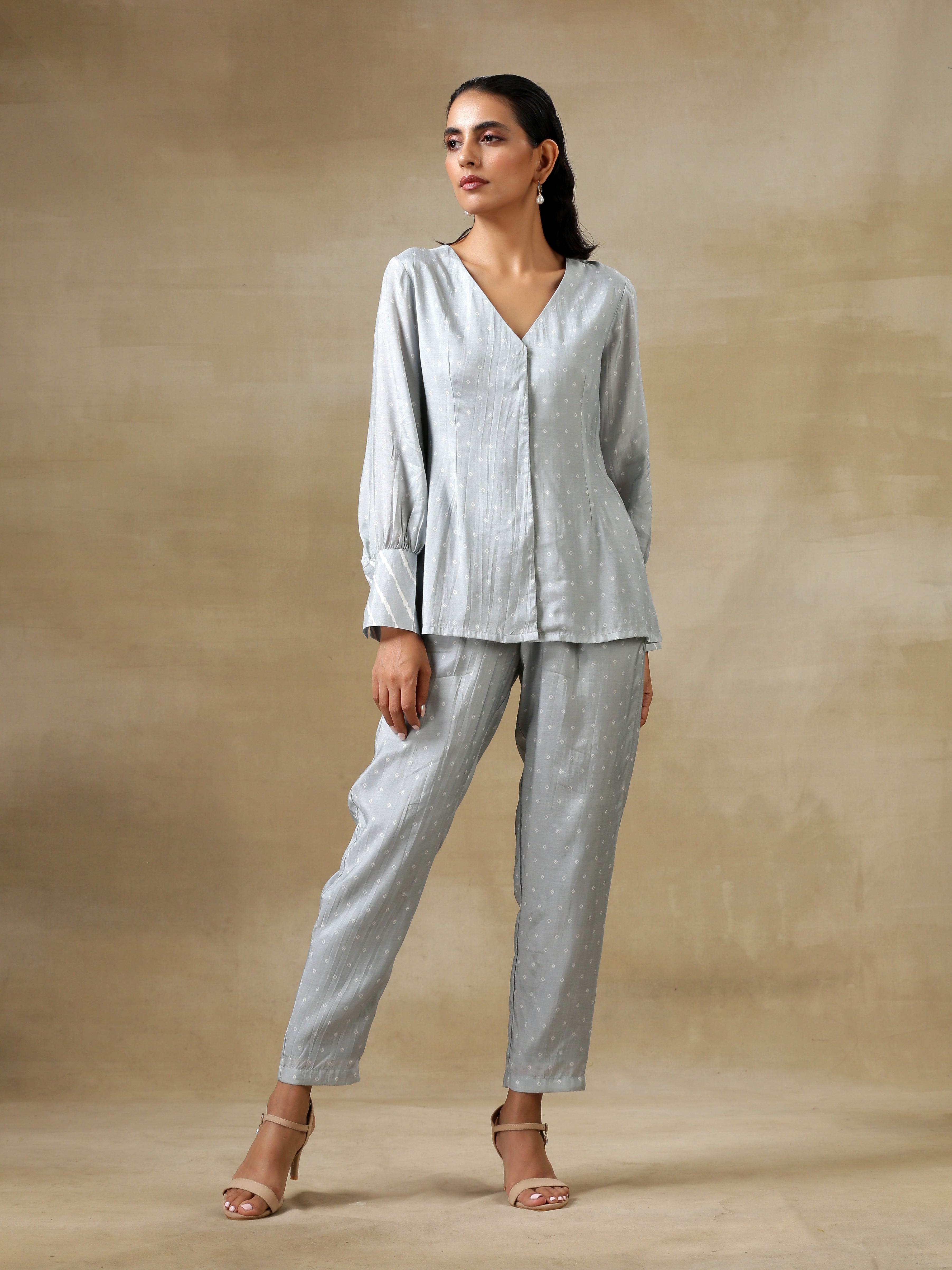 Grey Bandhani Printed Silk Front Open Short Co-Ord Set