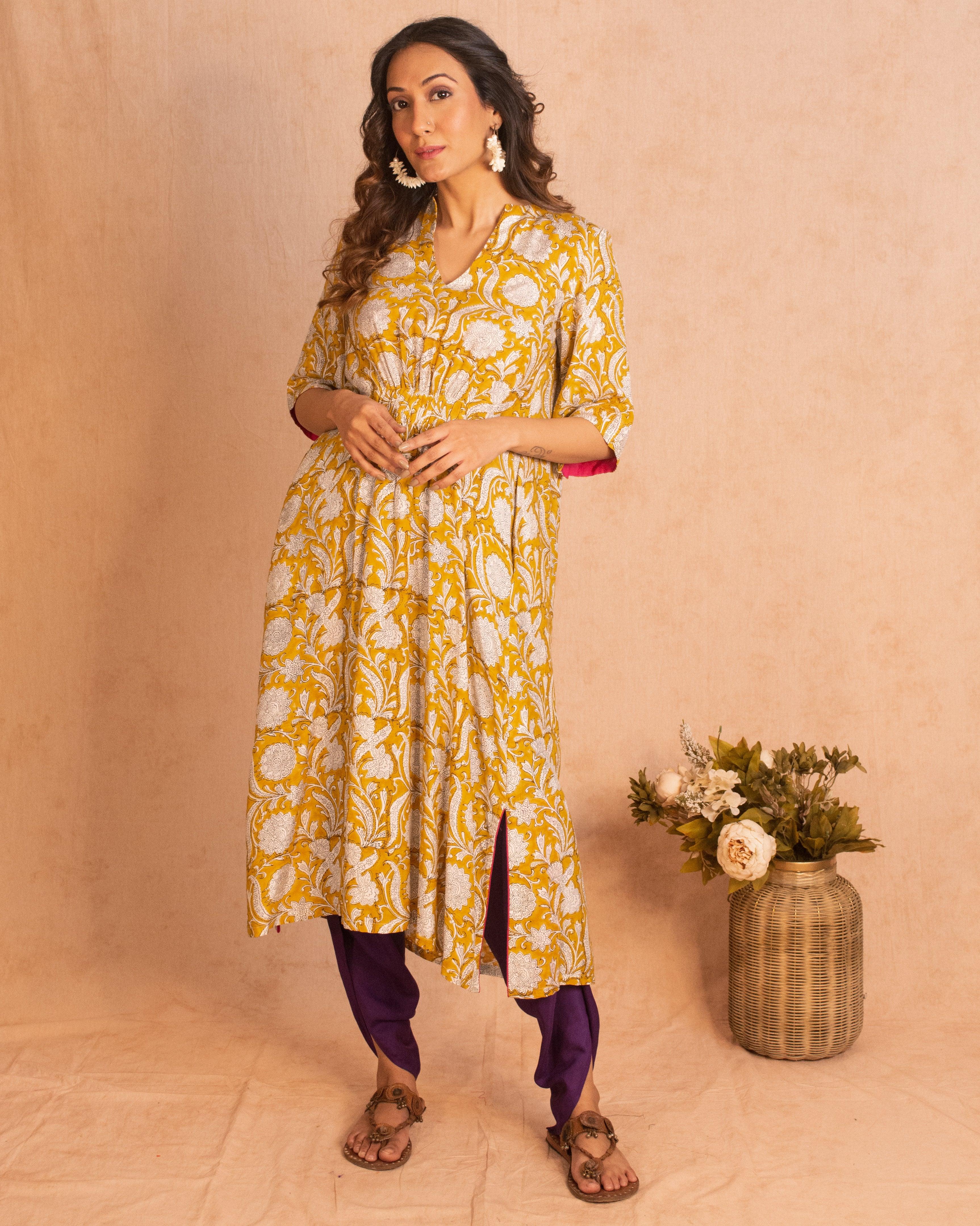 Yellow Hand Block Printed Flared Silk Kurta Dhoti Pant Set - trueBrowns
