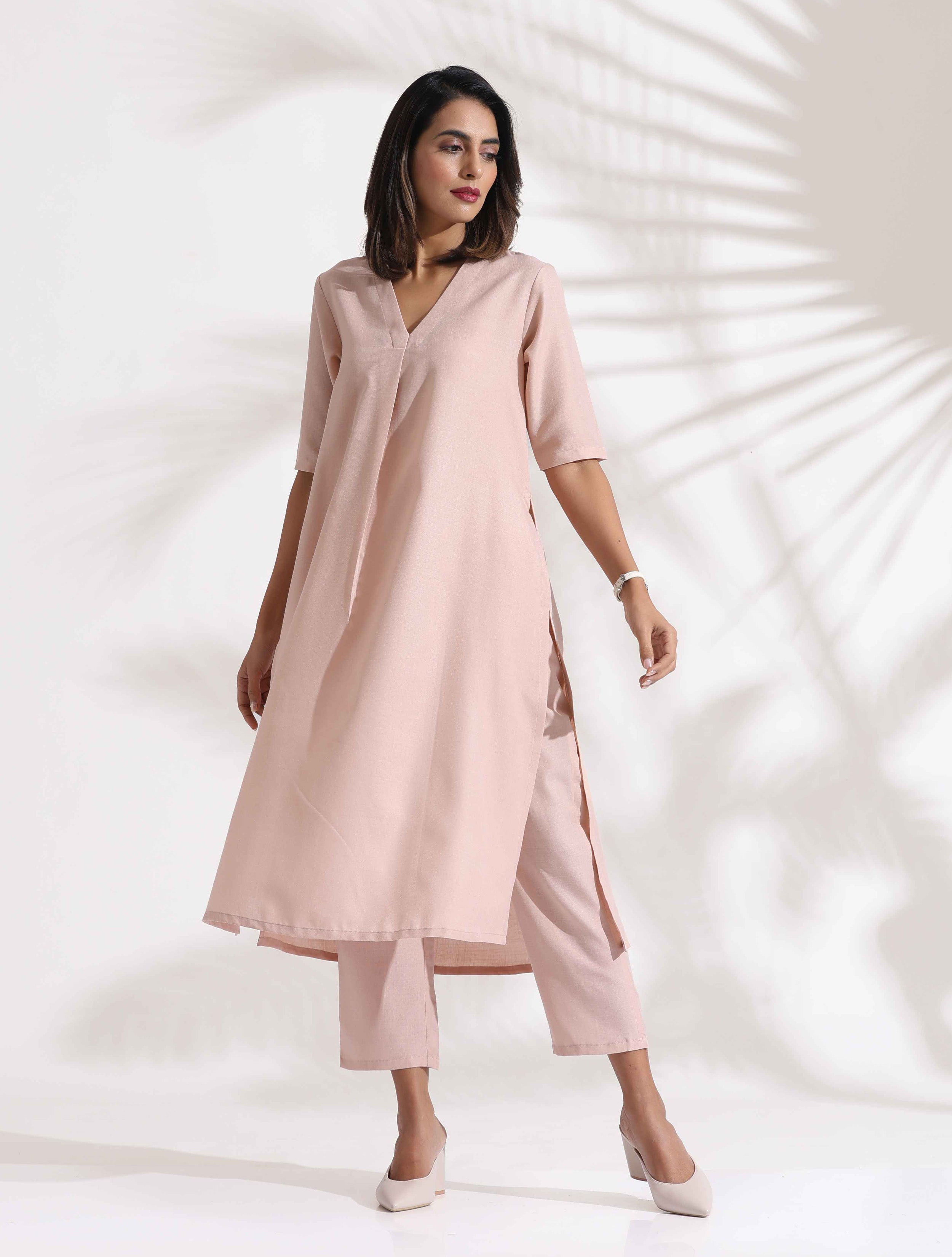 trueBrowns Light Pink Slub Kurta Set