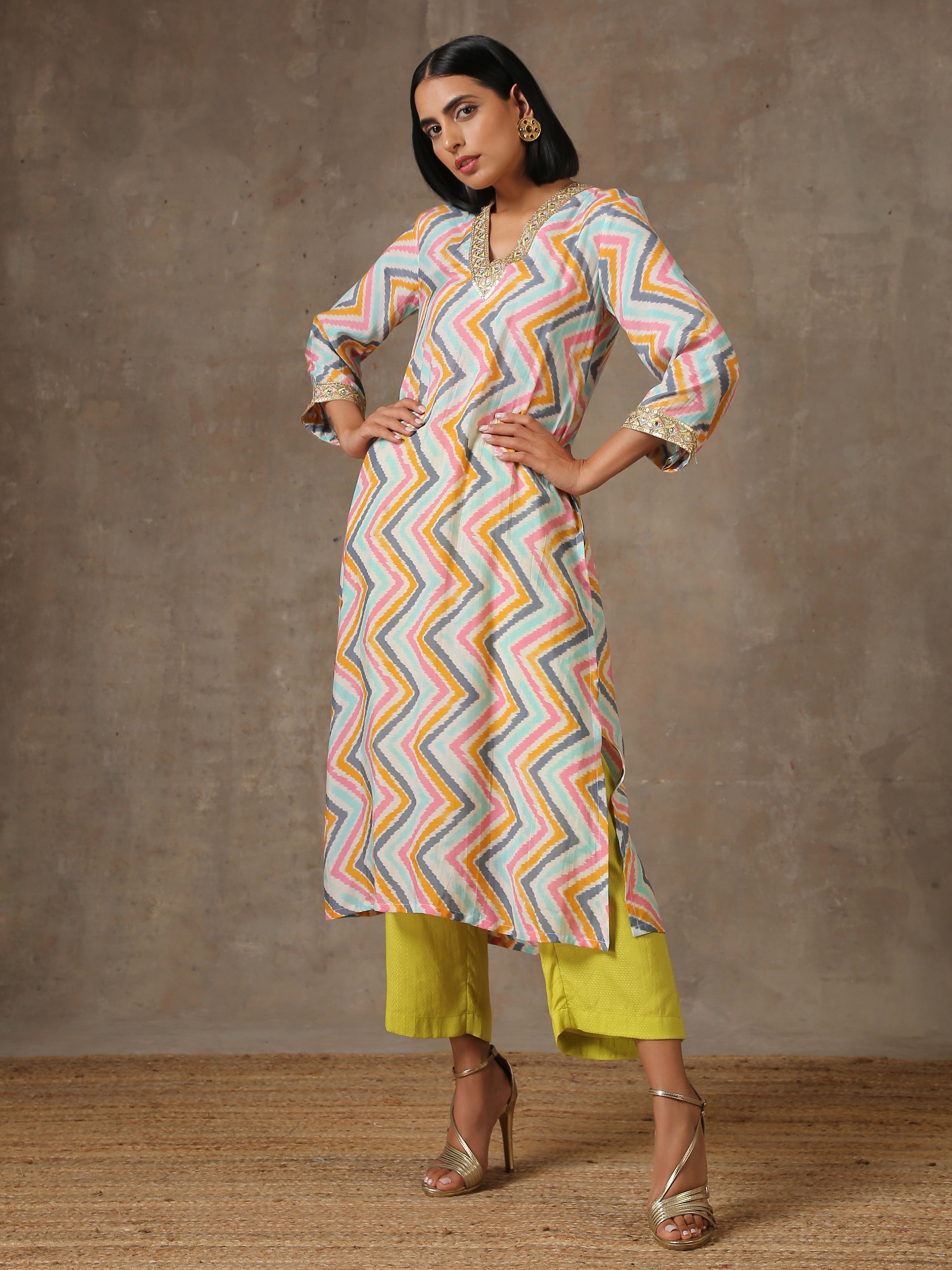 Multicolour Lehariya Printed Silk Kurta Pant Set