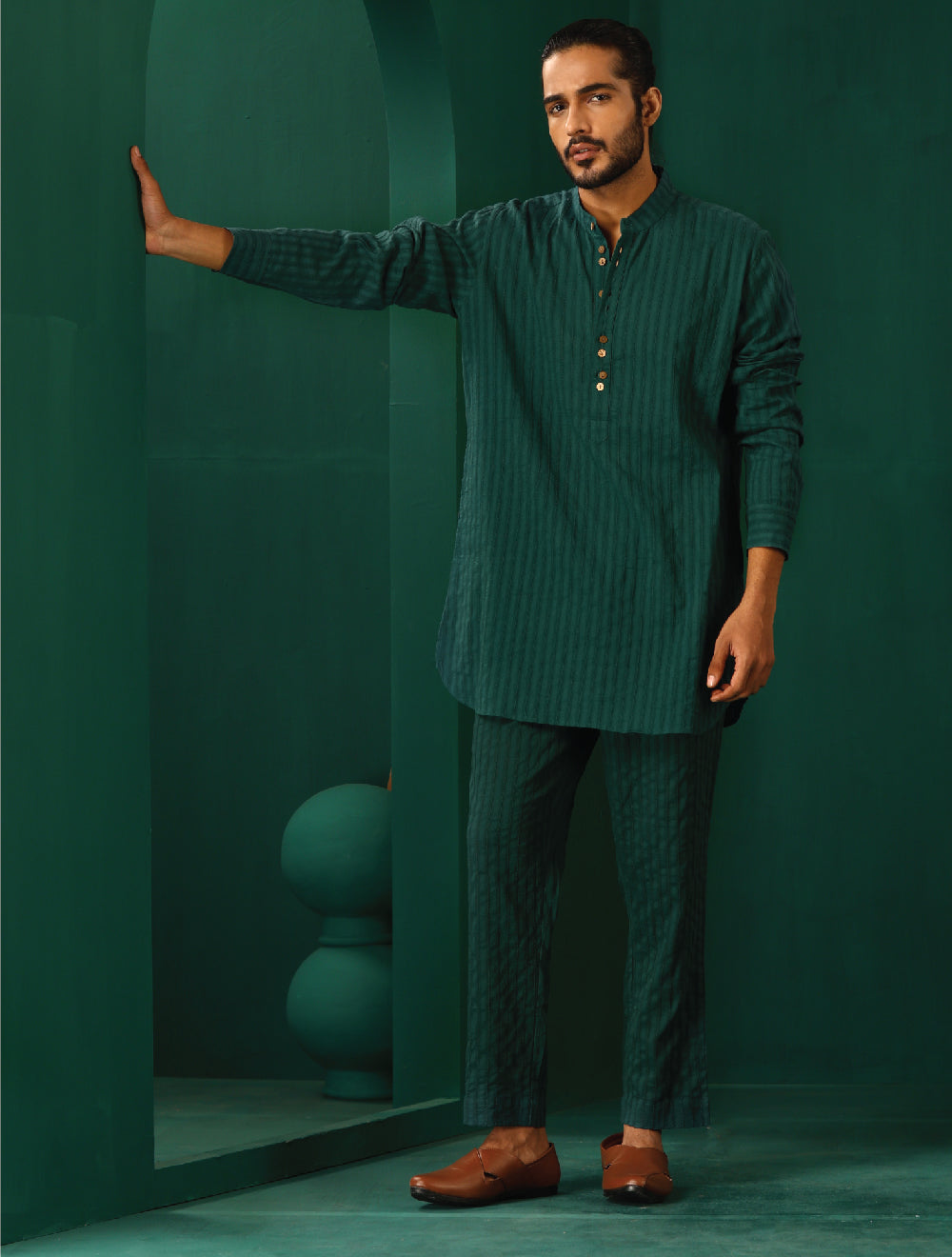 trueBrowns Men Turquoise Dobby Co-ord Set