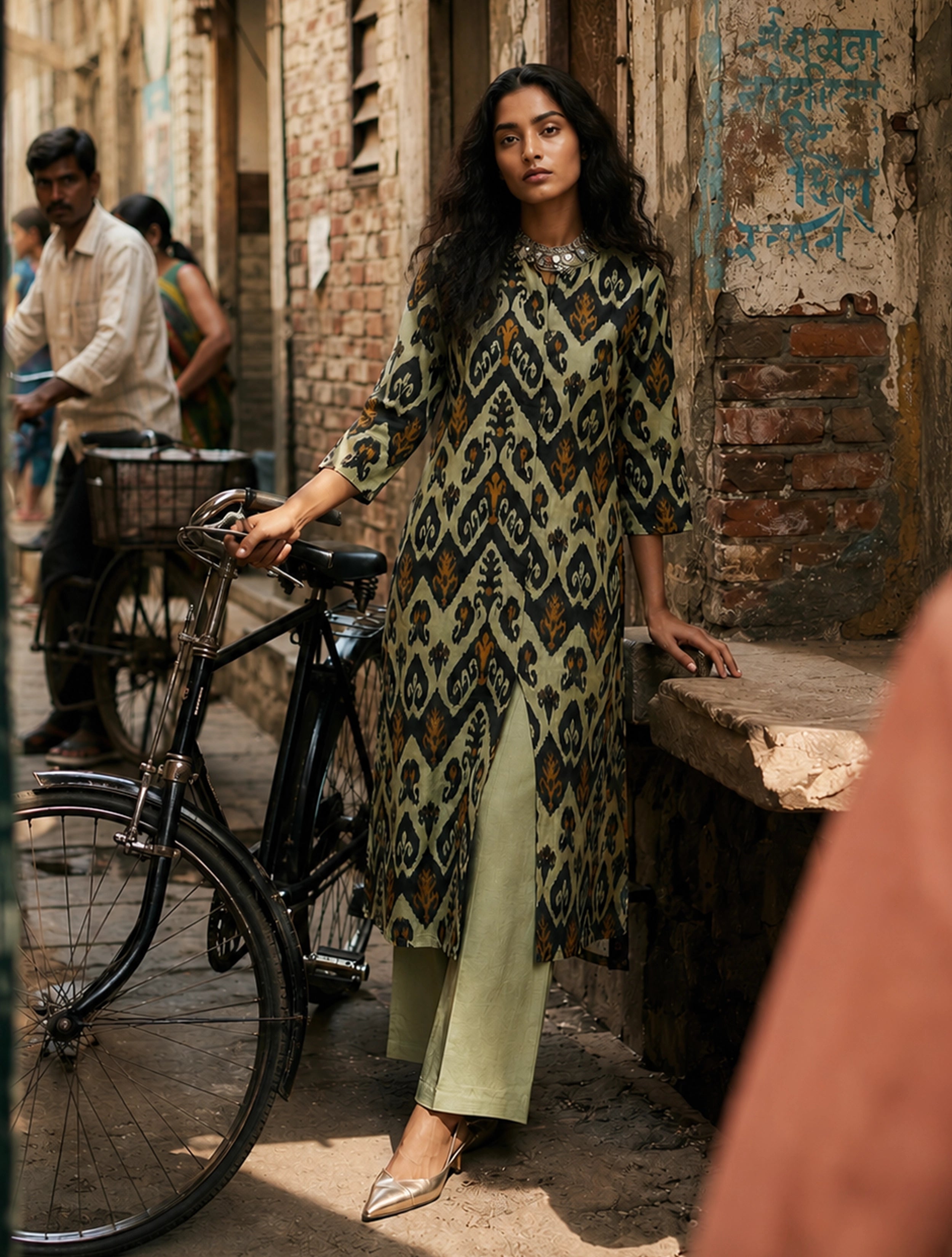 trueBrowns Mint Green Ikat Print Cotton Kurta Set