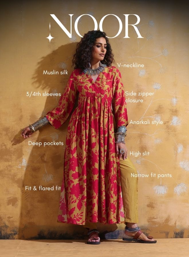 trueBrowns Red Mustard Jaal Print Muslin Silk Anarkali Kurta Set