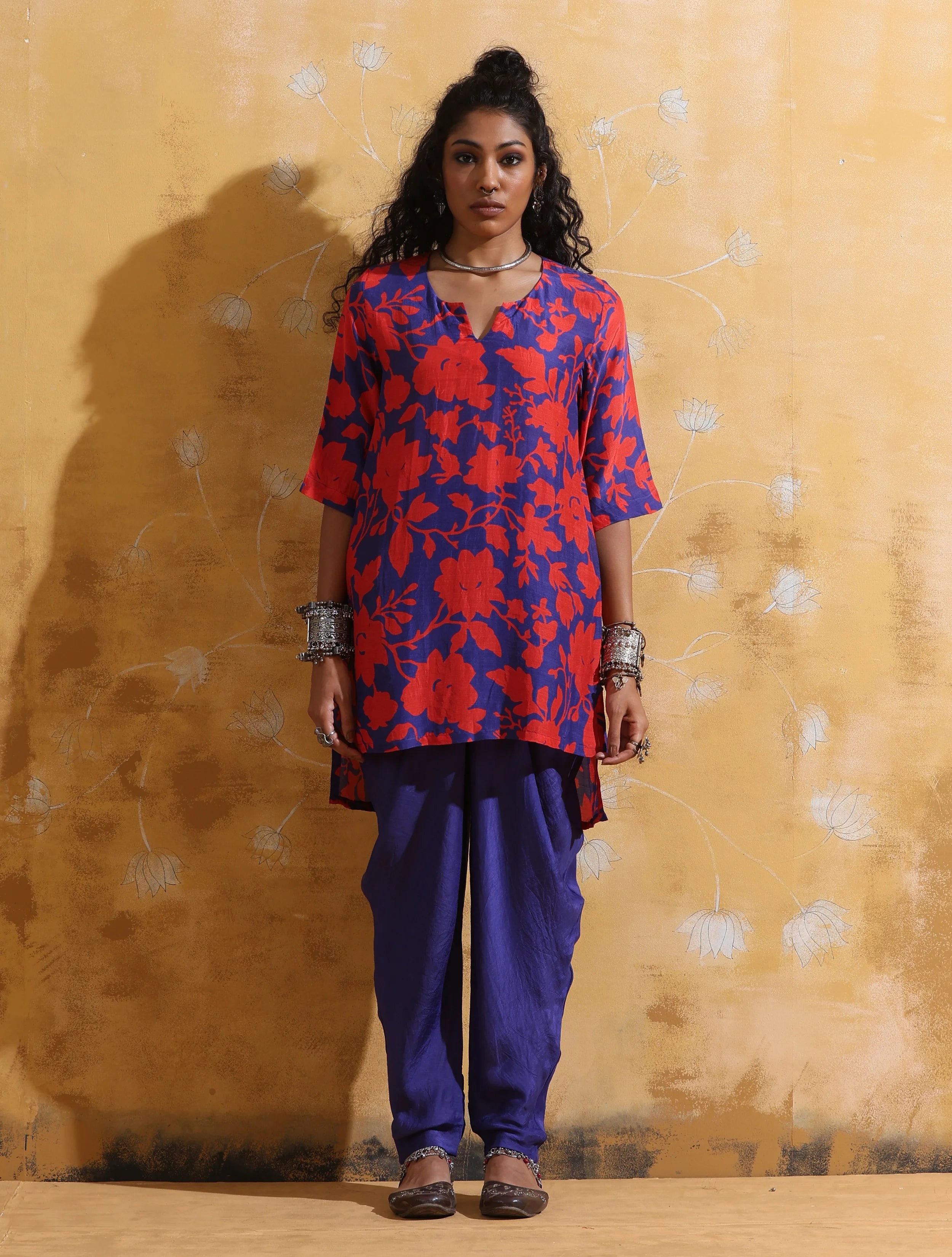 trueBrowns Purple Red Jaal Print Muslin Silk Dhoti Co-ord Set
