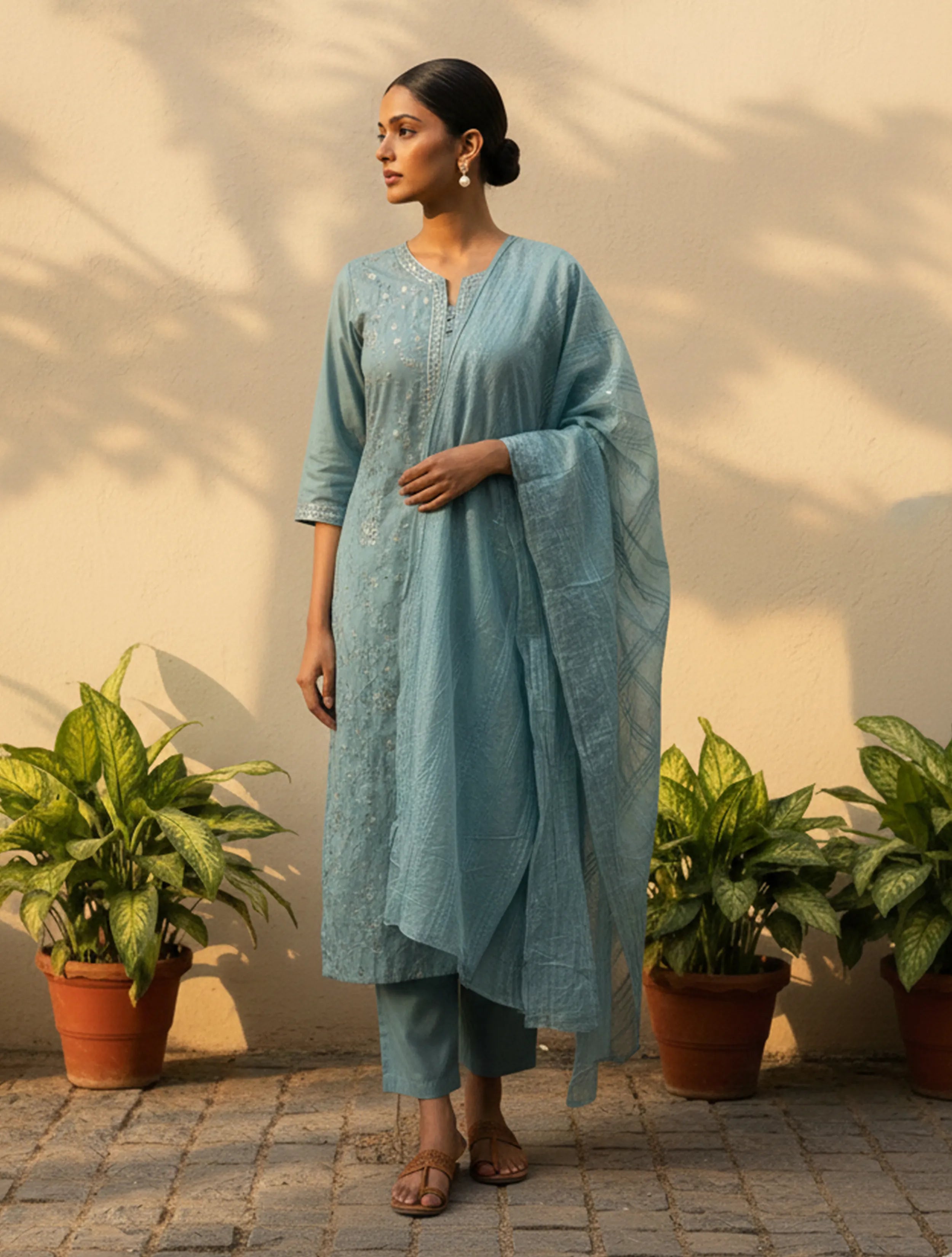 trueBrowns Light Blue Embroidered Straight Kurta Pant Dupatta Set