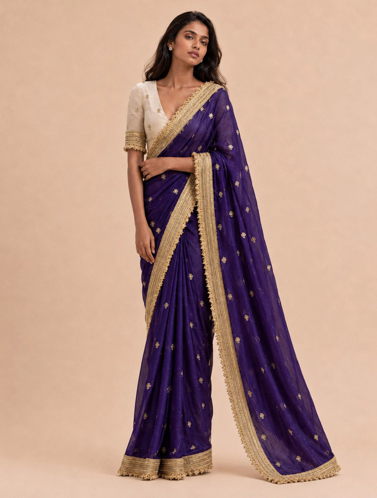 trueBrowns Purple Embroidered Satin Tissue Saree With Unstitched Blouse