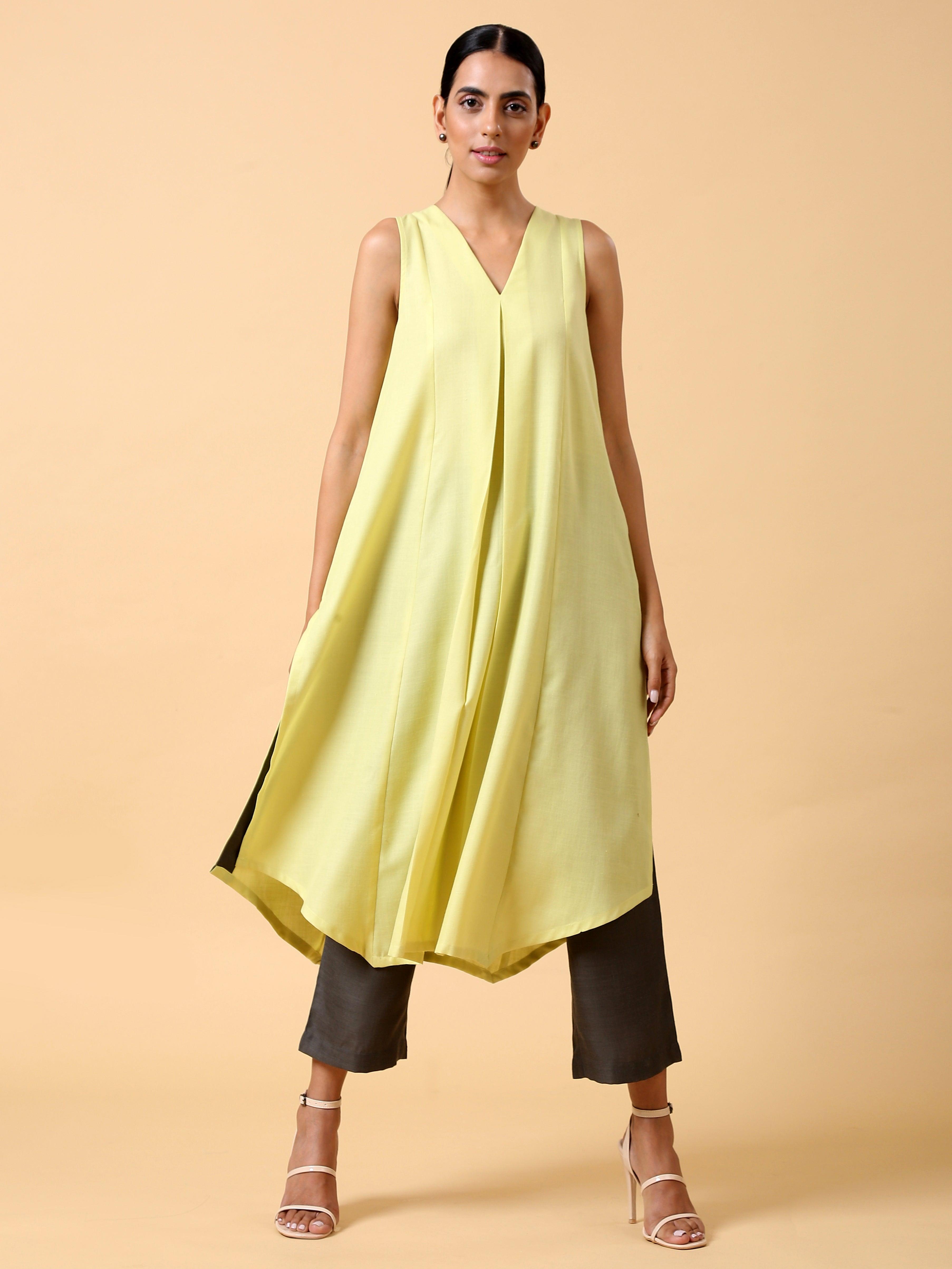 Cotton Linen Light Green Sleeveless Kurta Pant Set - trueBrowns