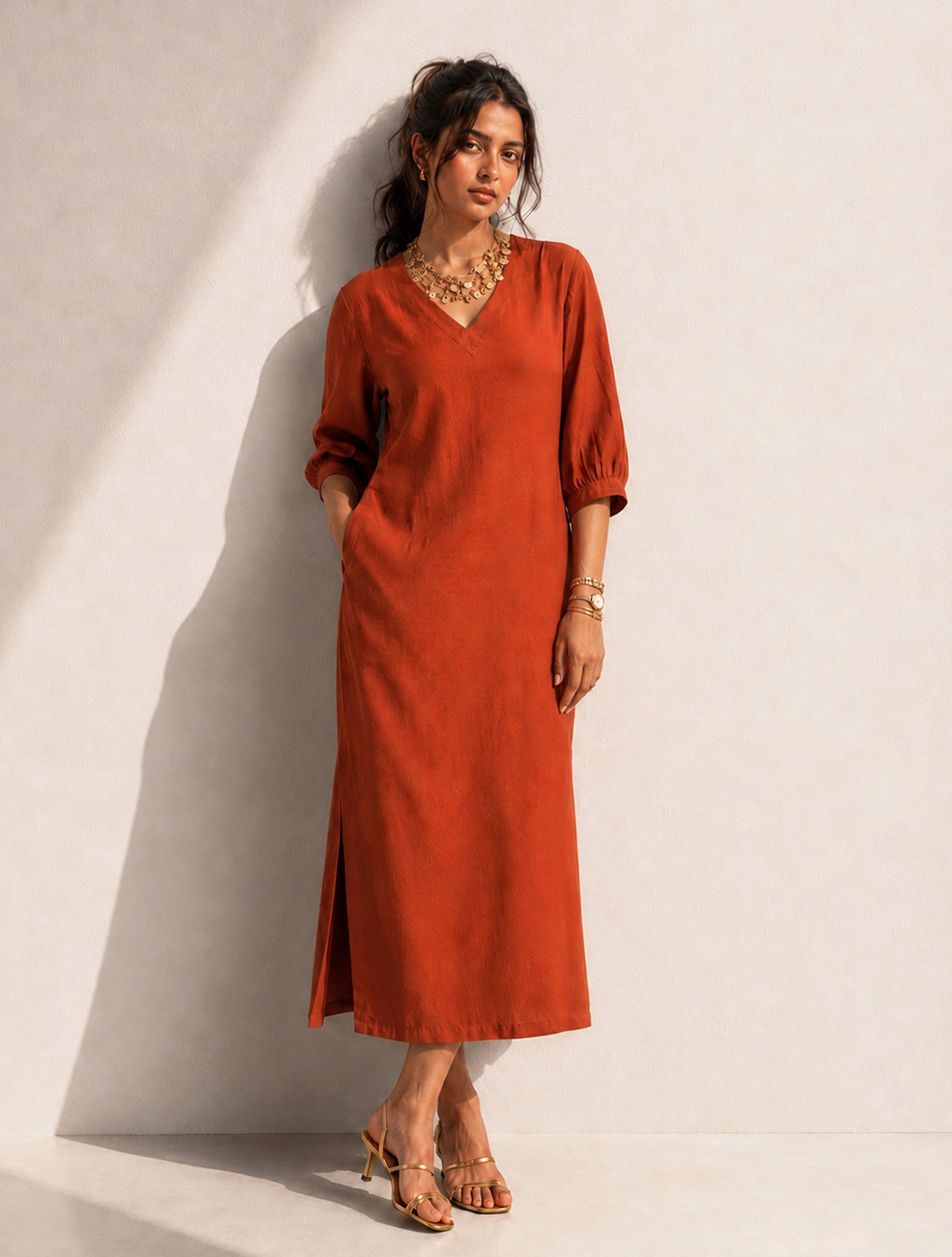trueBrowns Rust Solid Viscose Long Dress