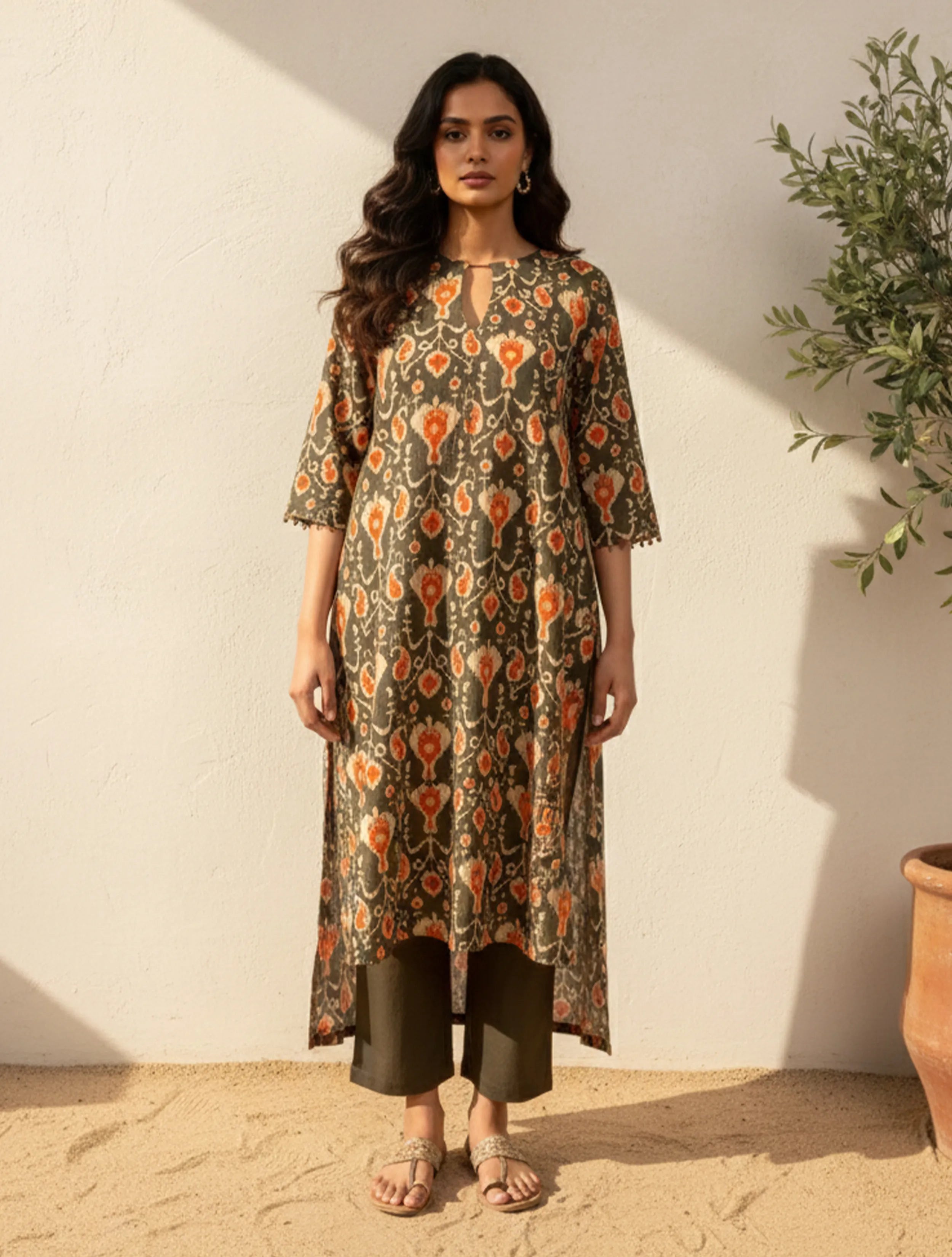 trueBrowns Grey Orange Ikat Print Cotton High-Low Kurta Set