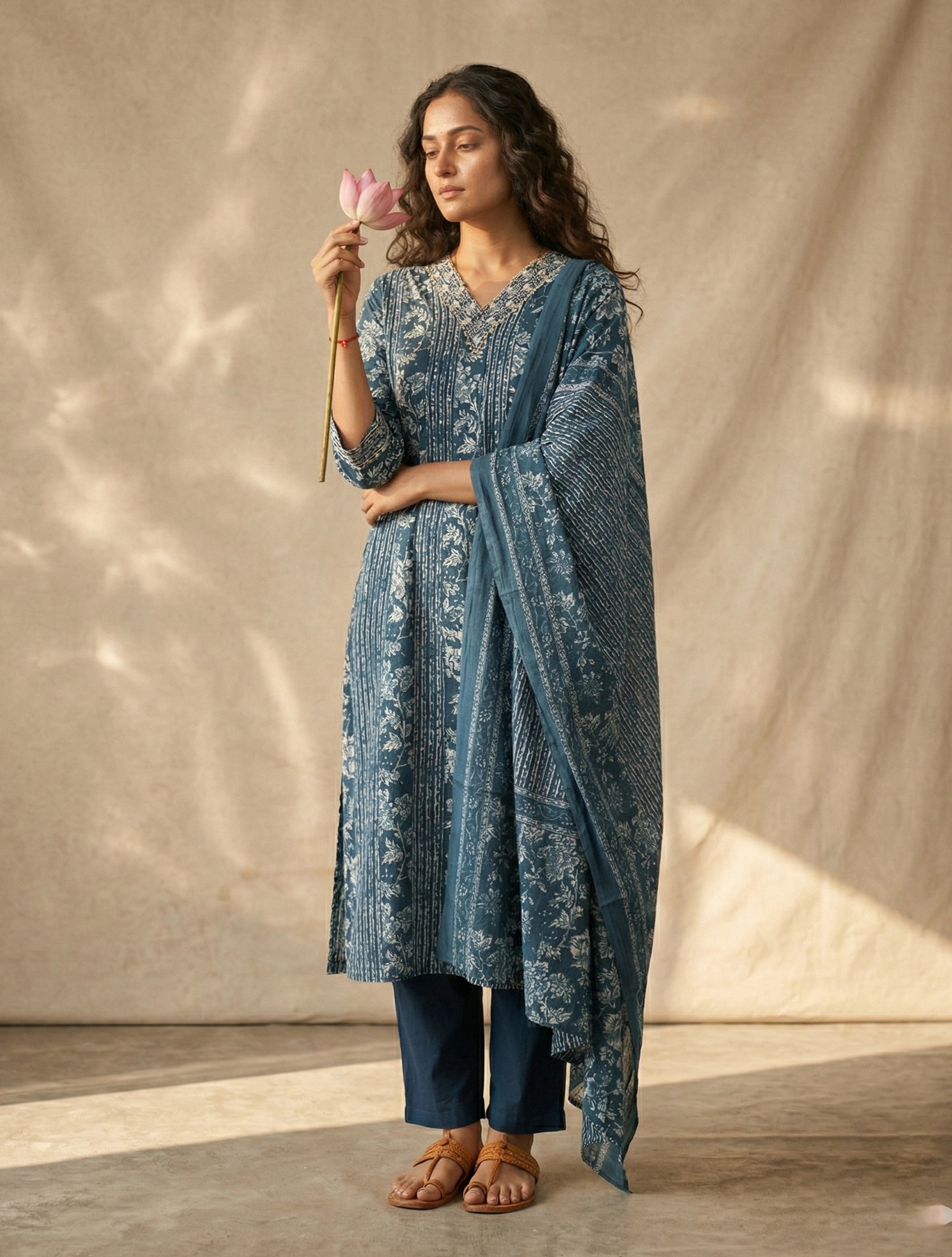 trueBrowns Blue Floral Print Embroidered Anarkali Kurta Pant Dupatta Set