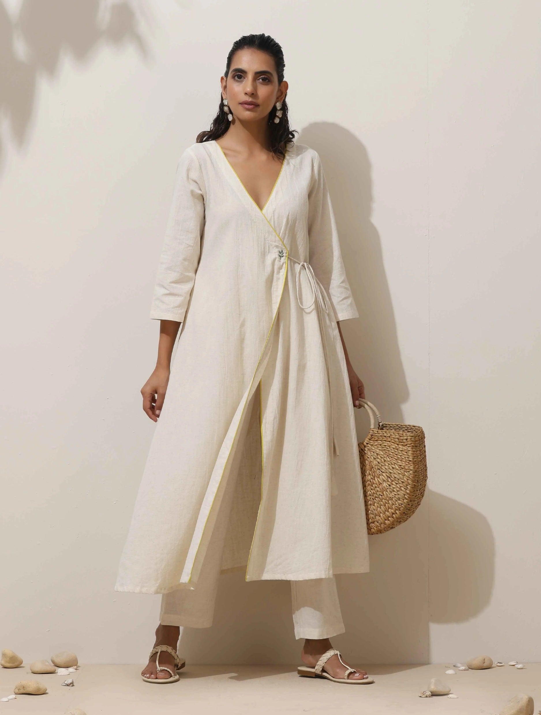 trueBrowns Off White Cotton Linen Angrakha Kurta Pant Set