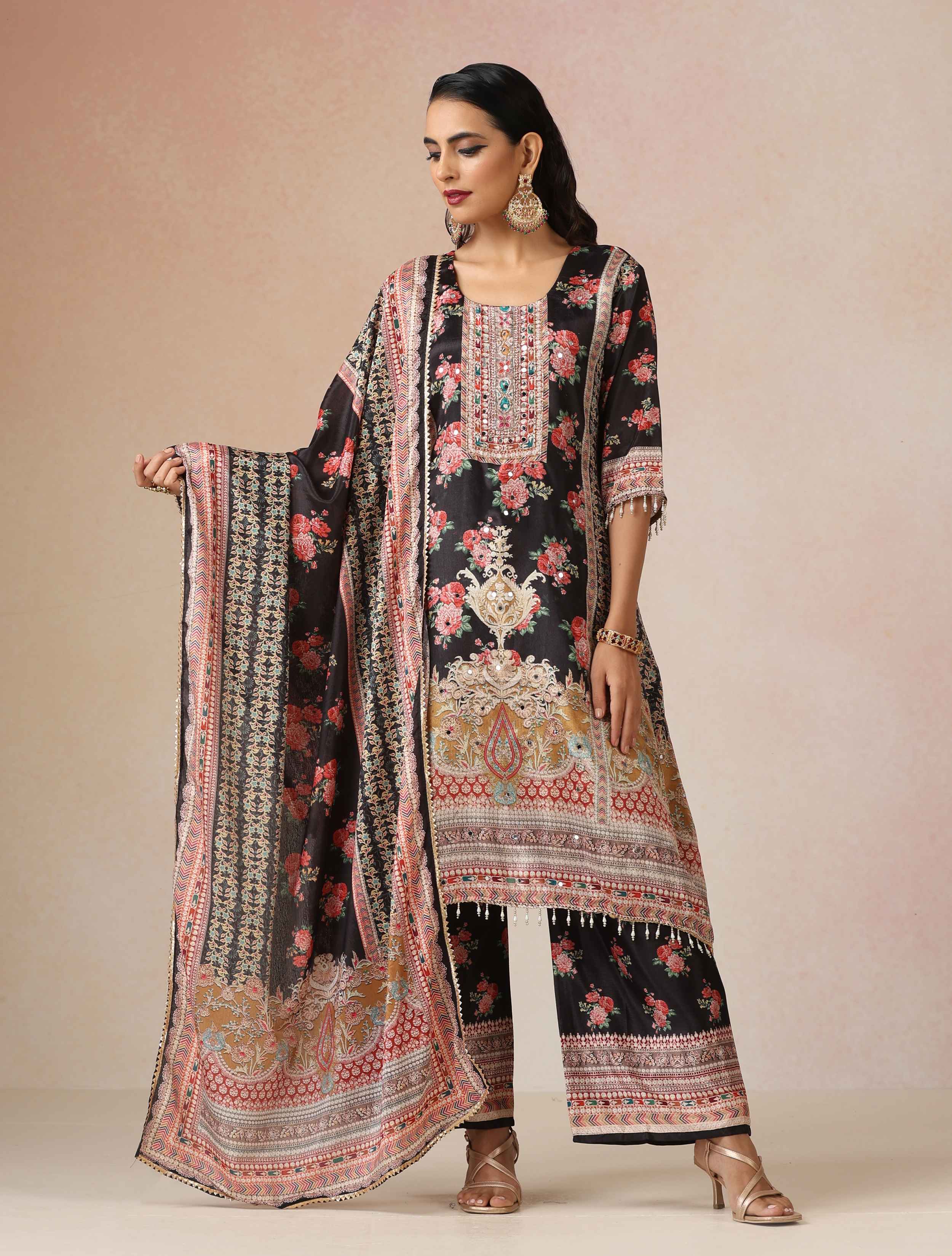 trueBrowns Black Print A-Line Kurta 3pc Set