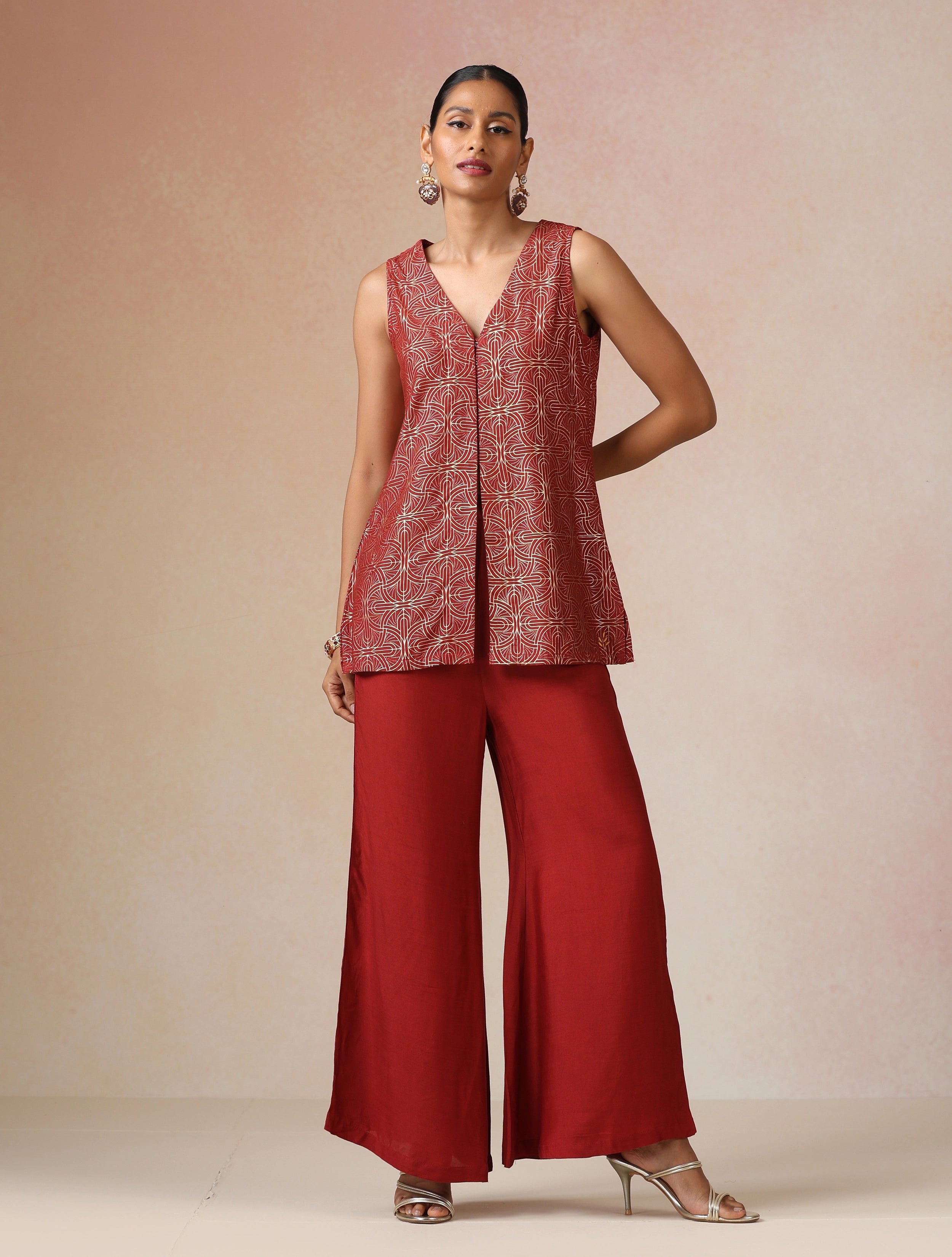 trueBrowns Red Gold Foil Print Jacket and Flared Pants Co-ord Set