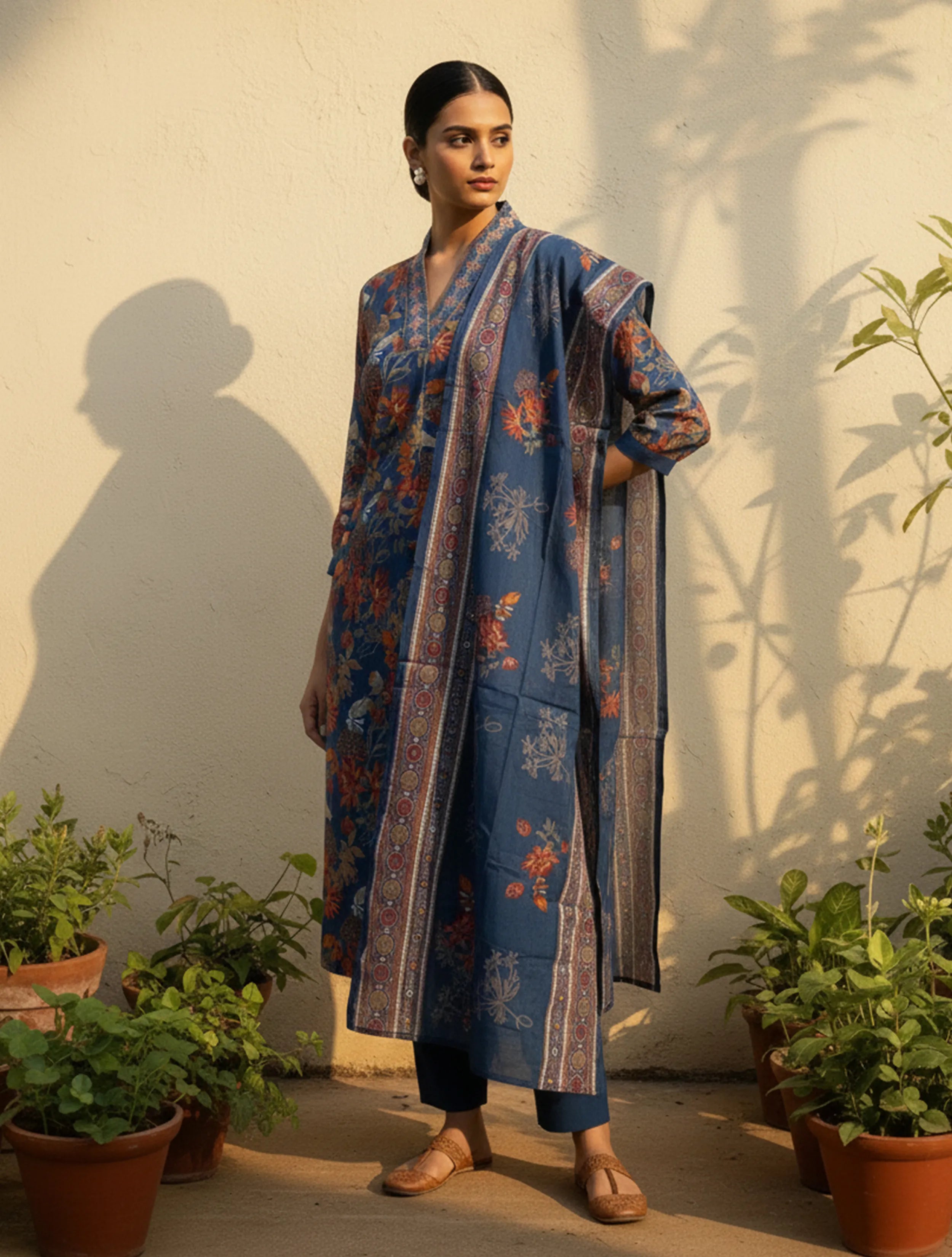 trueBrowns Blue Floral Print Embroidered Kurta Pant Dupatta Set