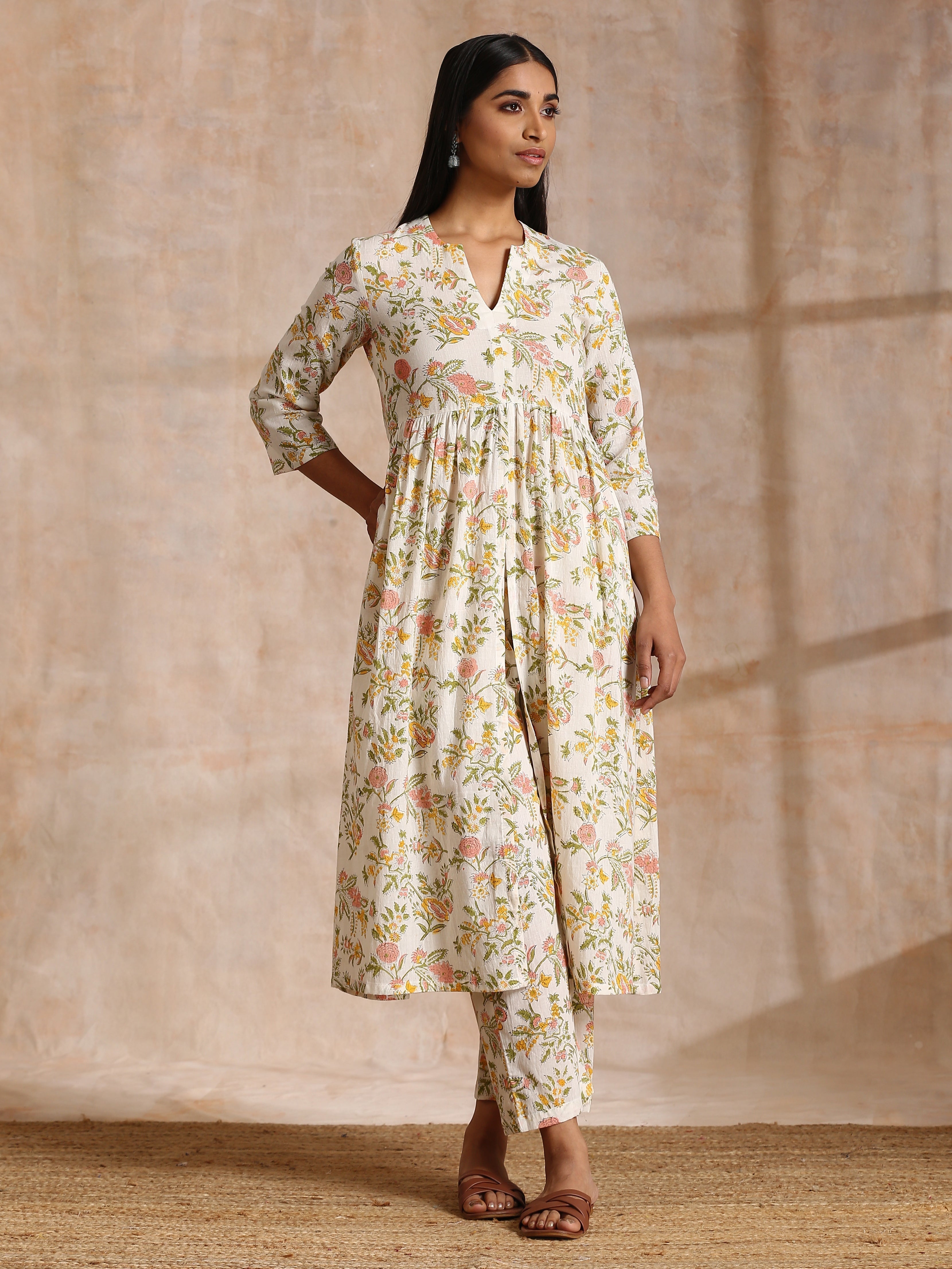 White Multi Color Overall Block Print Cotton Kurta Pant Set