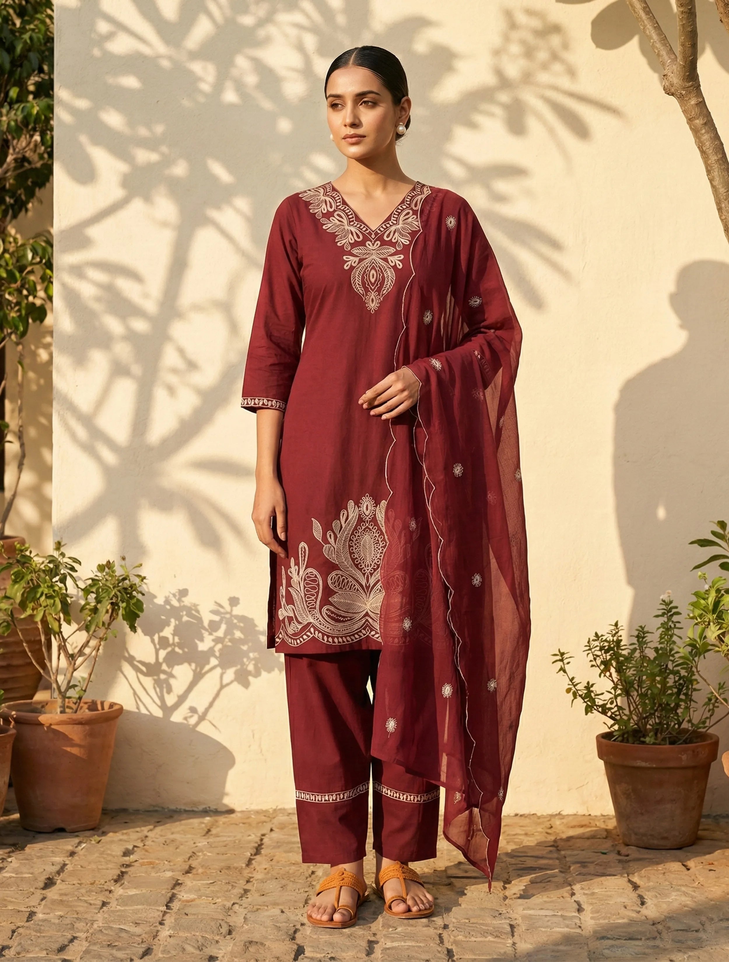 trueBrowns Maroon Embroidered Kurta Farsi Pant Dupatta Set