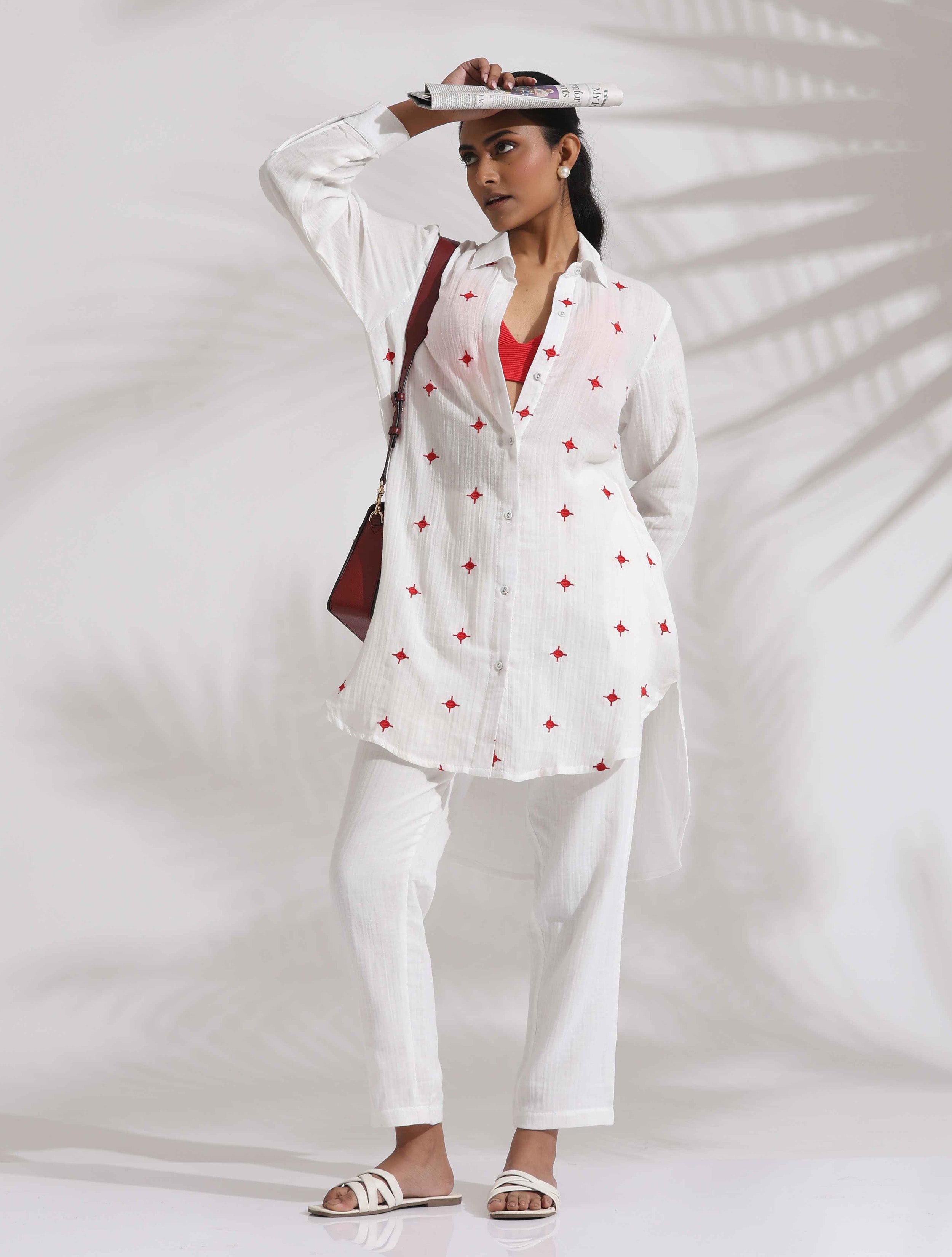 trueBrowns White Cotton Embroidered Kurta Co-ord Set