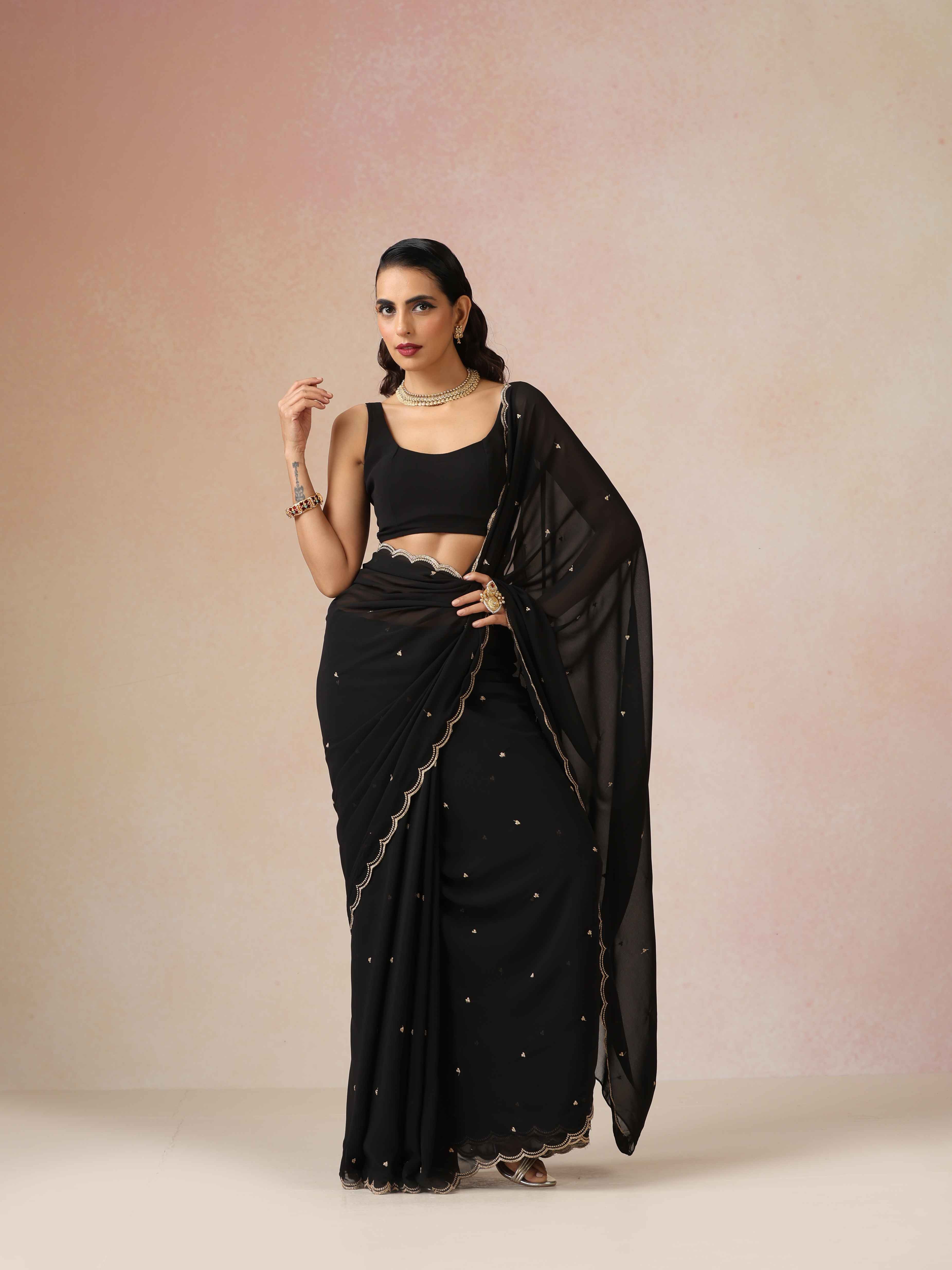 trueBrowns Black Georgette Embroidered Saree With unstitched Blouse