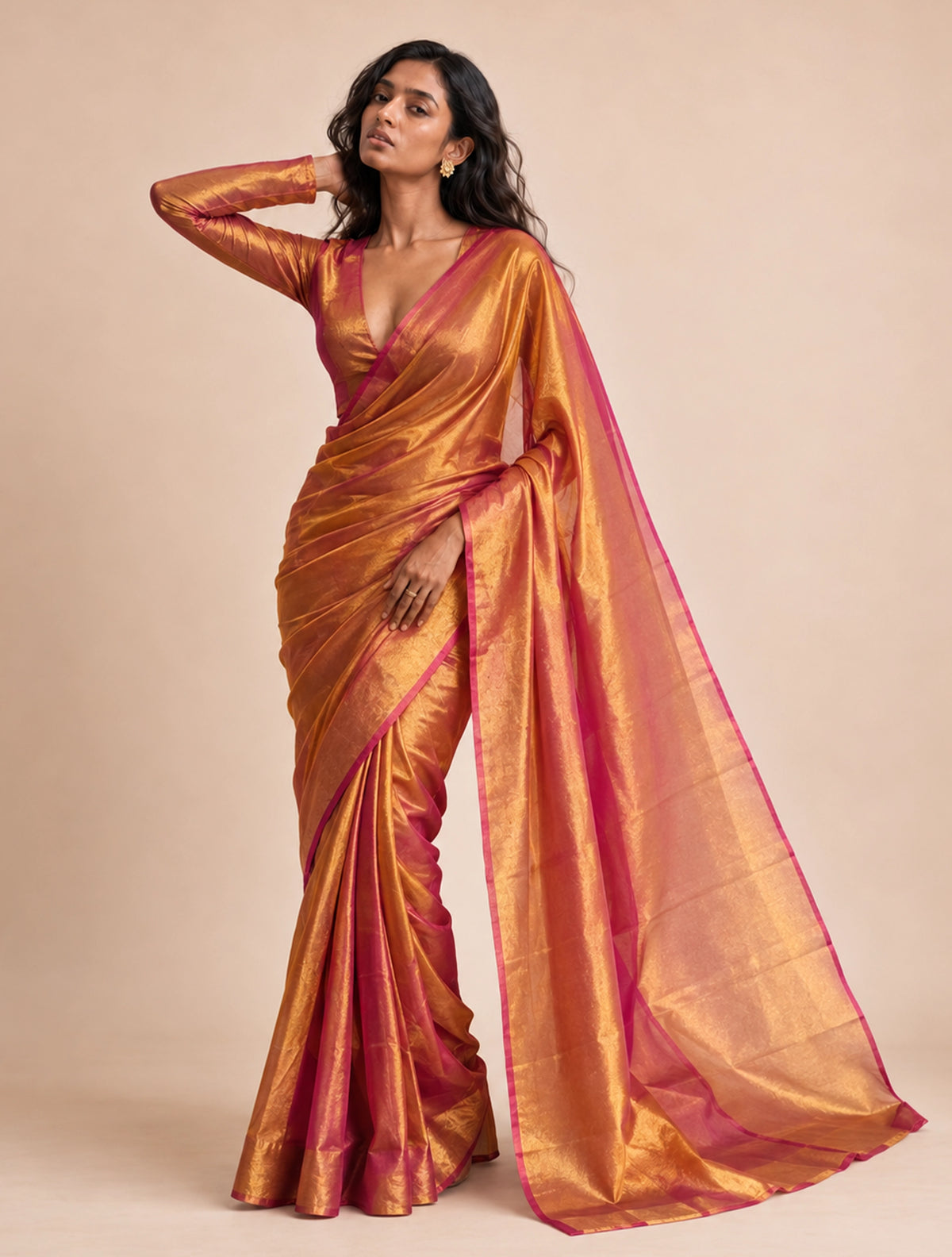trueBrowns Bronze Gold Tissue Silk Linen Handloom Saree With Unstitched Blouse