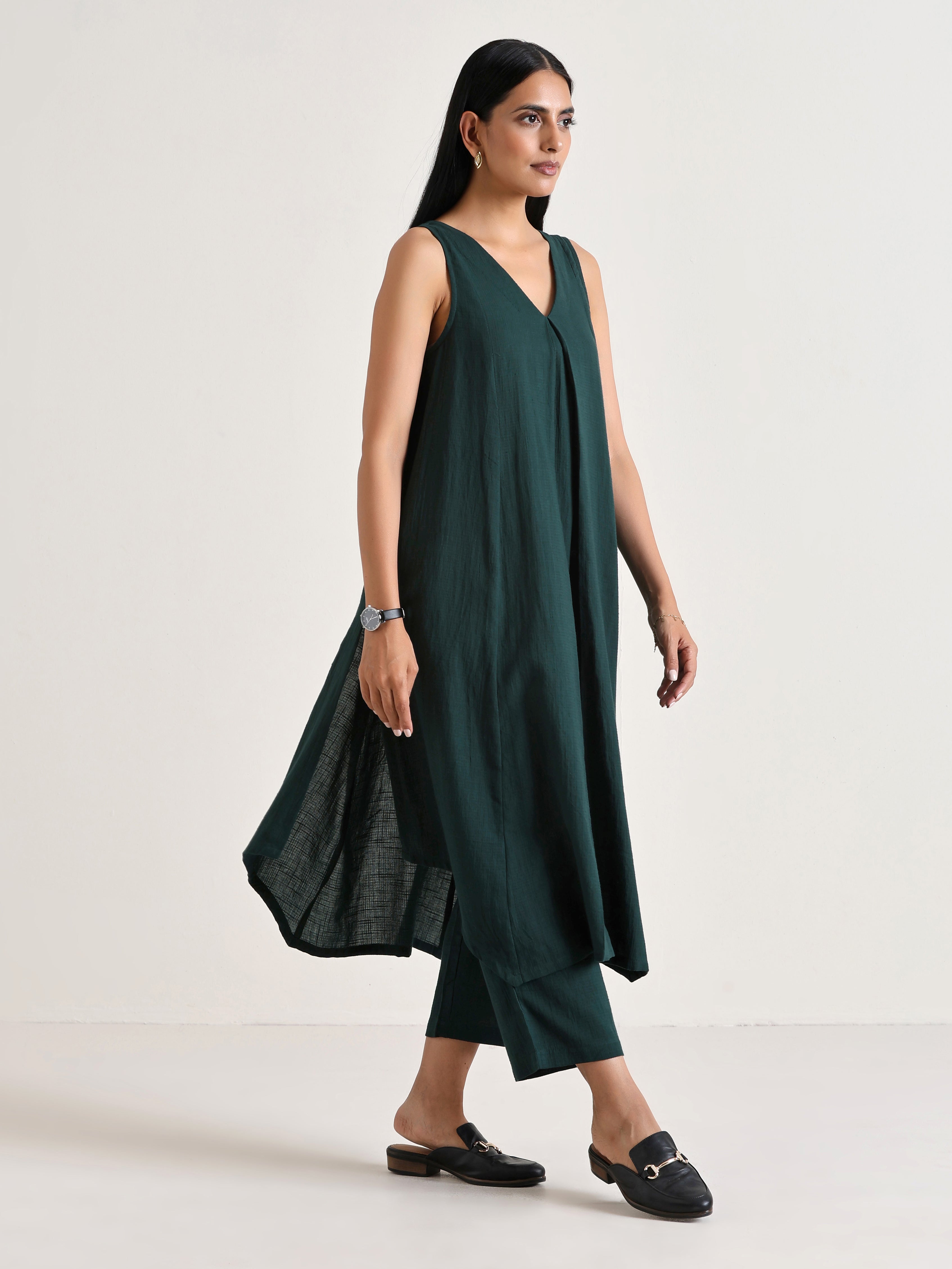 Dark Green Sleeveless Flared Kurta Pant Set