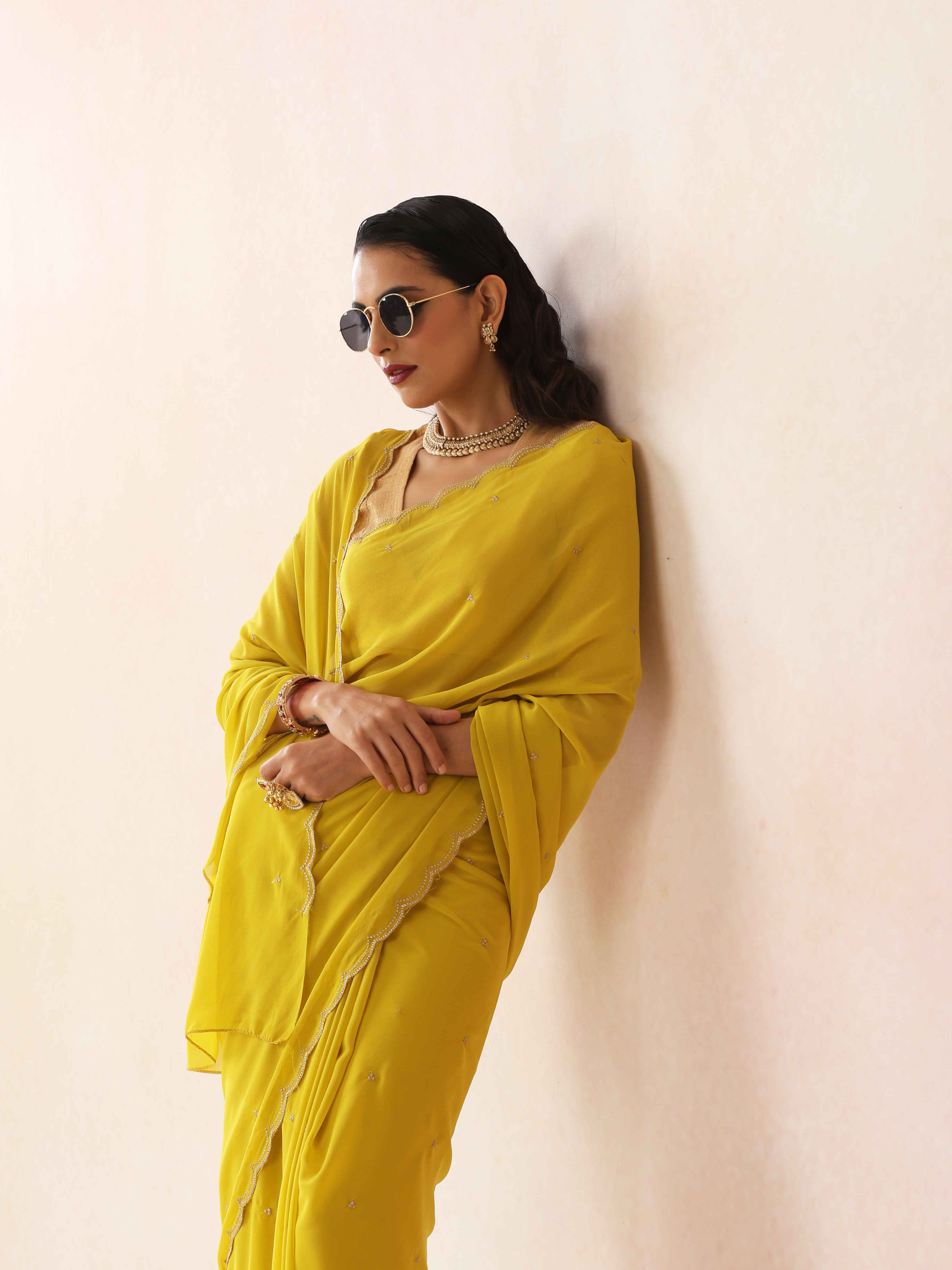 trueBrowns Lime Georgette Embroidered Saree With unstitched Blouse
