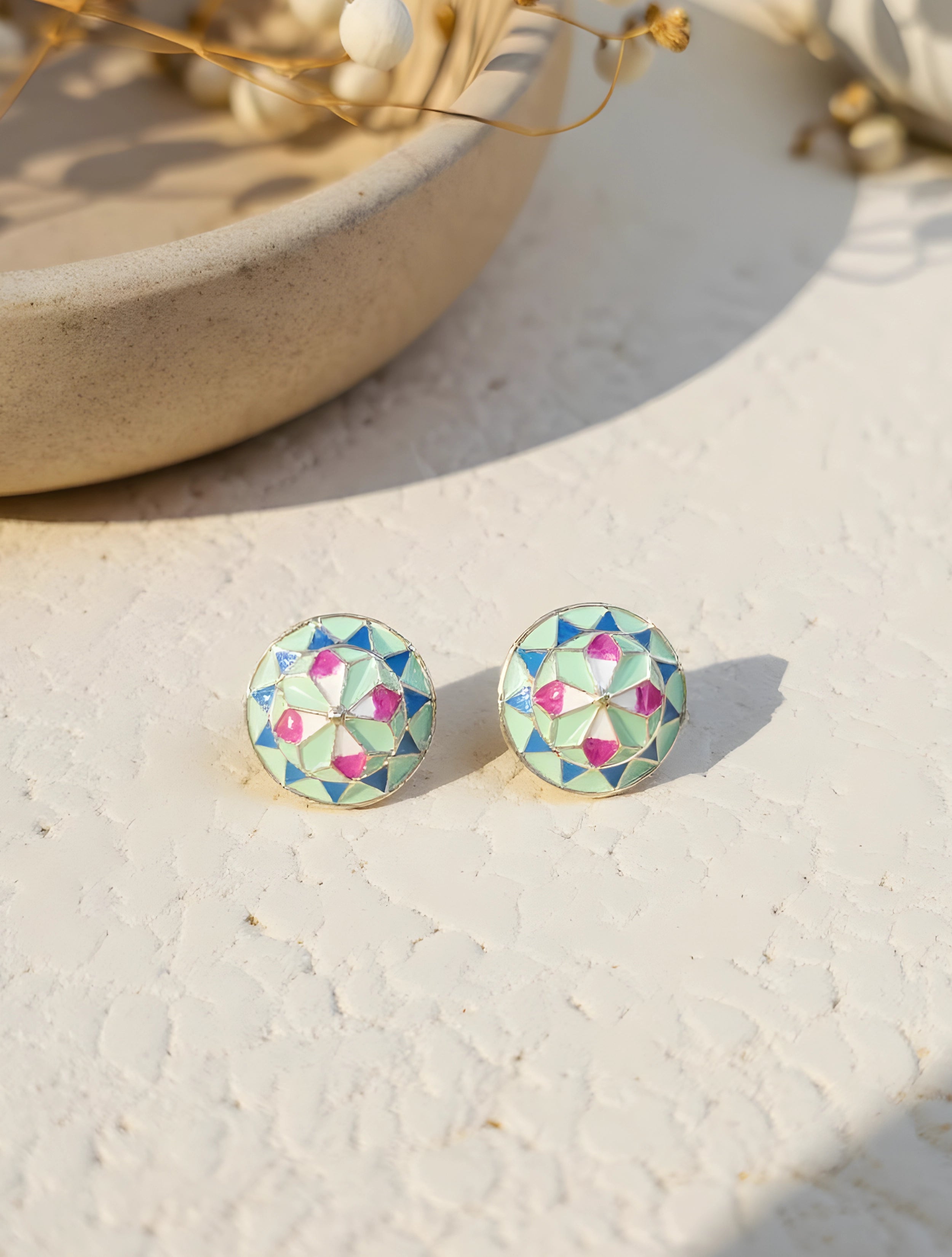 trueBrowns Pink Round Enamel Stud Earrings