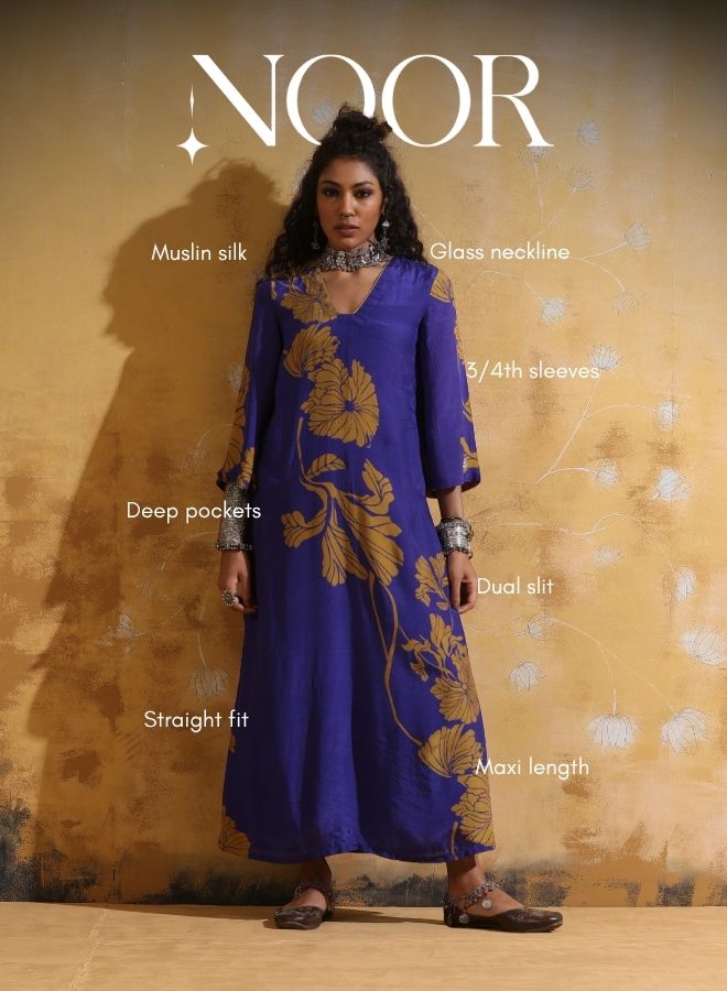 trueBrowns Purple Mustard Floral Print Muslin Silk Straight Maxi Dress