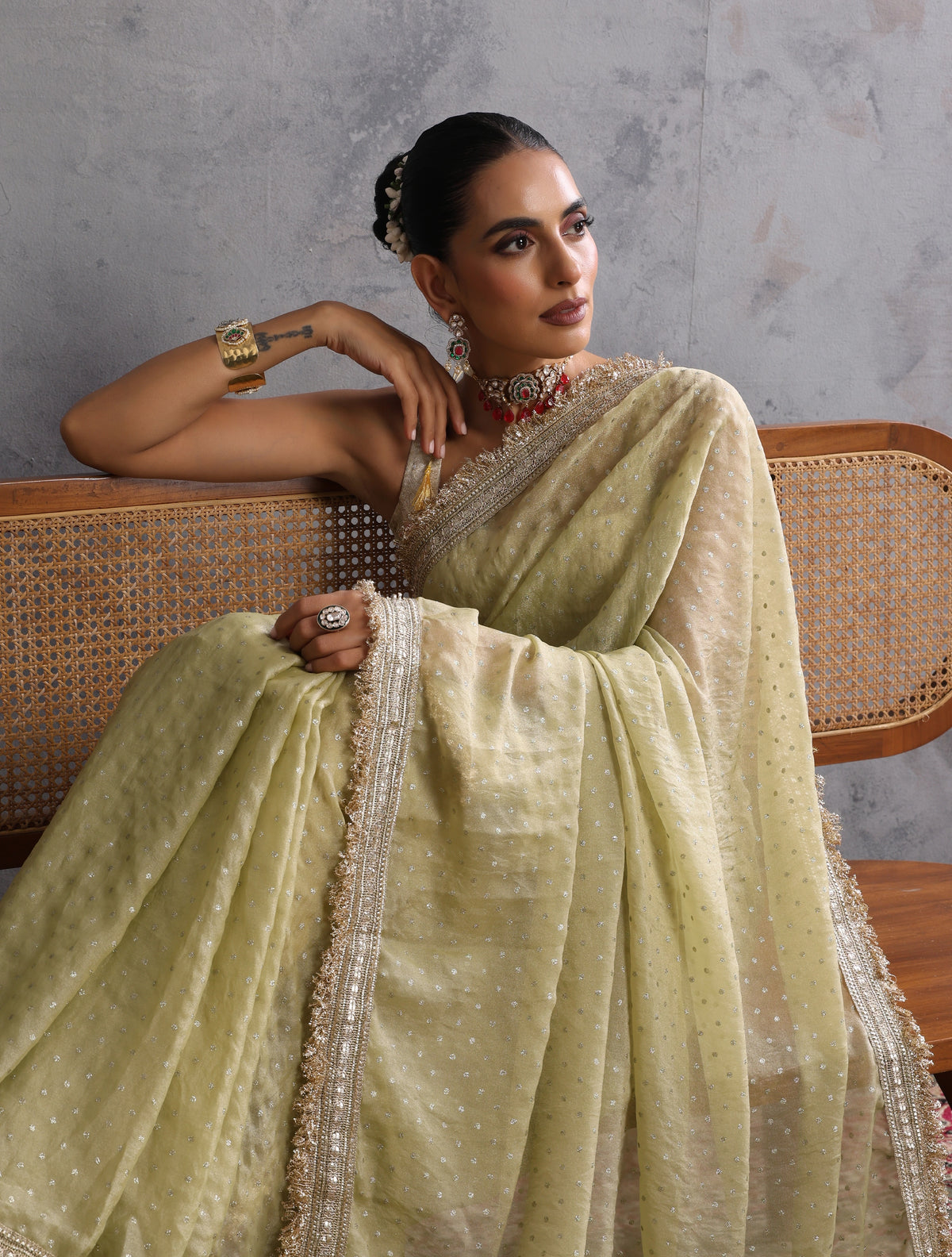 trueBrowns Light Green Tissue Foil Printed Saree With Unstitched Blouse