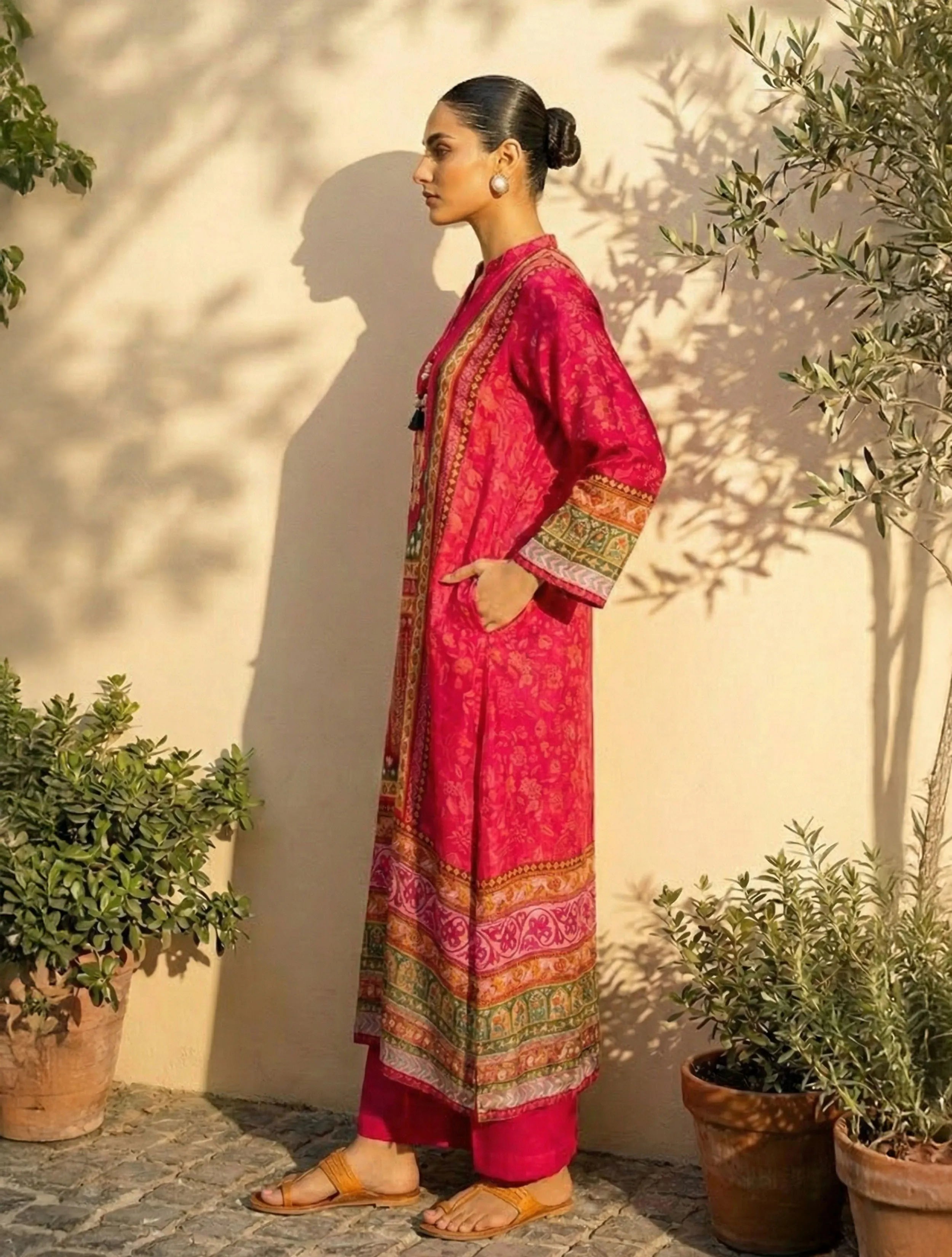 trueBrowns Pink Printed A-Line Kurta Pant Set